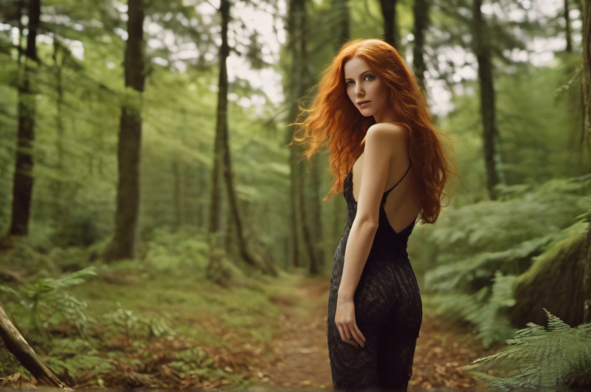 (masterpiece), cinematic film still, (full body shot) of beautiful and sexy young red haired woman, (long hair), (perfect face), (detailed facial features), seductive look, (amazing body), (wearing bodysuit), standing, outdoors, moist, damp, forest, detailed background), shallow depth of field, (detailed), photographed on a Kodak box camera,