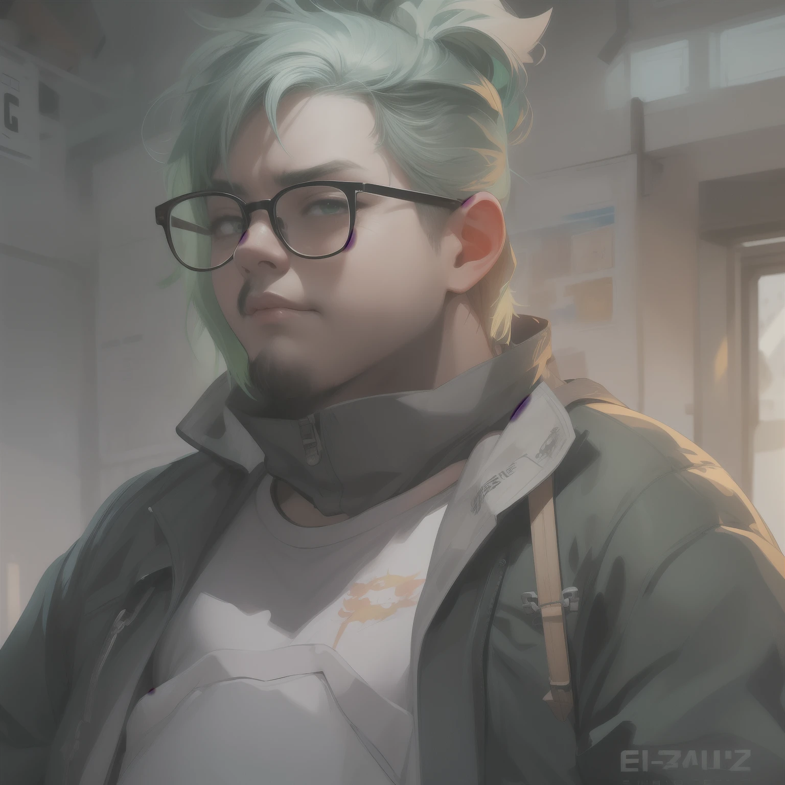(masterpiece、top-quality)、Fat man with green hair and glasses、Wearing overalls、Character Painting、guweiz、Artwork in the style of Gwise、、epic exquisite character art、Stunning character art、Guweiz on the Pixiv art station