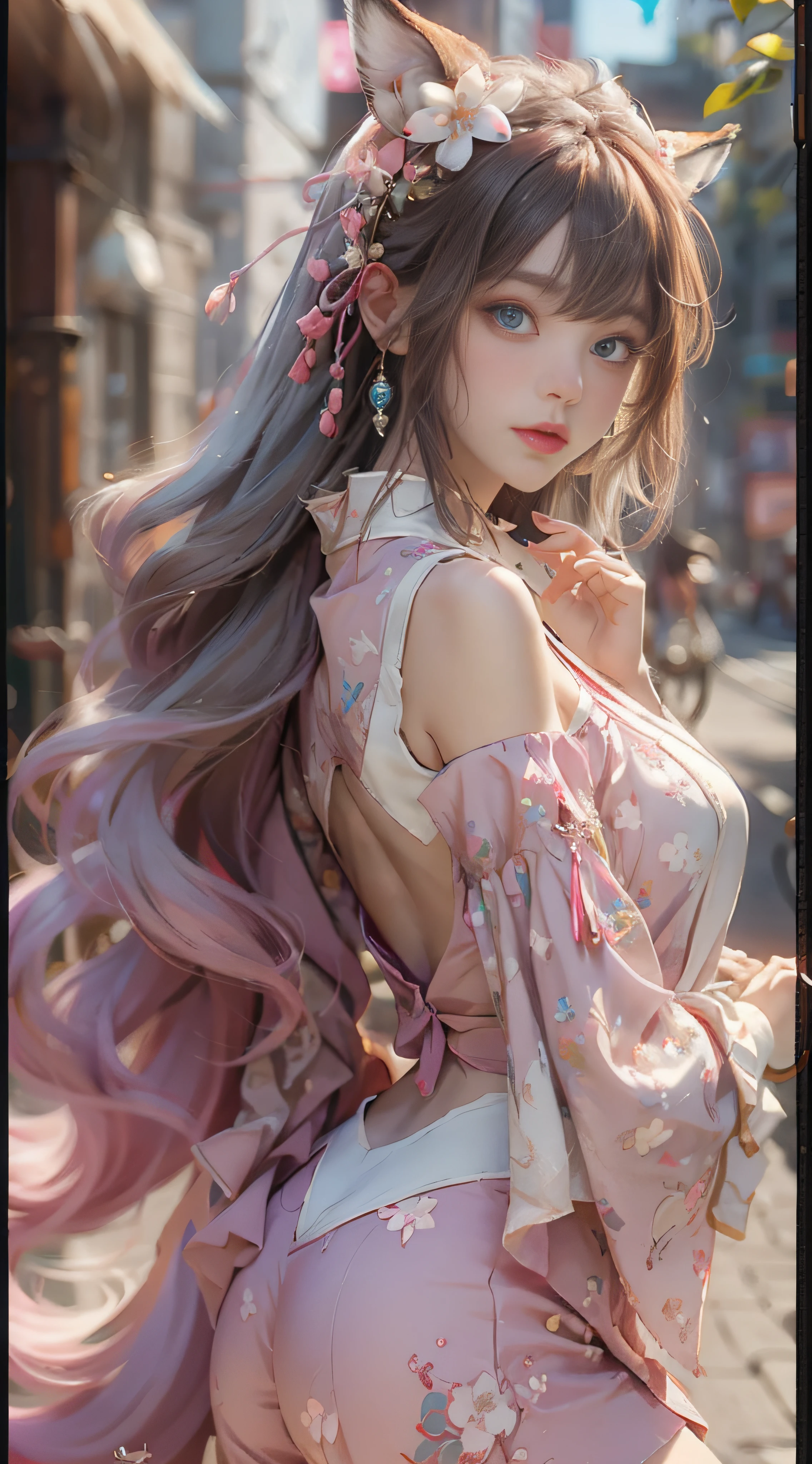 ((best qualtiy)), ((tmasterpiece)), (detail:1.4), Beautiful cyberpunk female images,hdr(HighDynamicRange),Ray traching,NVIDIA RTX,Hyper-Resolution,illusory 5,sub surface scattering,PBR textures,post-proces,Anisotropy Filtering,depth of fields,maximum definition and sharpness,Many-Layer Textures,Albedo e mapas Speculares,Surface coloring,Mitsu-Accurate simulation of material interactions,perfectly proportioned,rendering by octane,Two-colored light,largeaperture,Low ISO,White balance,Rule three points、8K raw data、Beautiful bright blue pupils,off-the-shoulder clothes,Fine pupils,Delicate face and eyes,long eyelasher,Blushlush,Delicate and fluffy hair,pink lip,Pure,Cute face,Sweet girl,Artistic sense,Casual wear,Advancedsense,butterflys,Cherry blossom petal,Beautiful hair accessories,Long hair and waist,Hair fluttering in the wind,Snow-white fox ears,curlies,Snow-white fluffy tail,Positive light,The light from the back window is backlighted