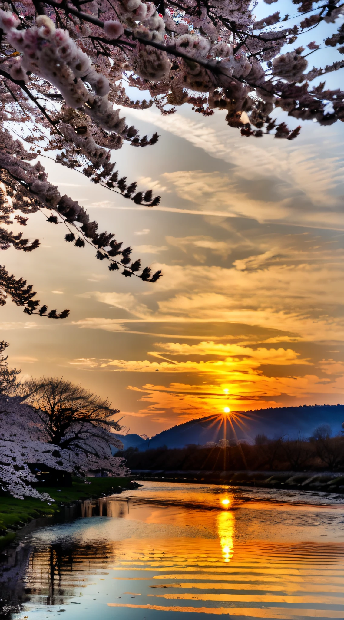 Cherry tree teoets leaves in spring sunset near a river where it reflects the realistic sun 8k