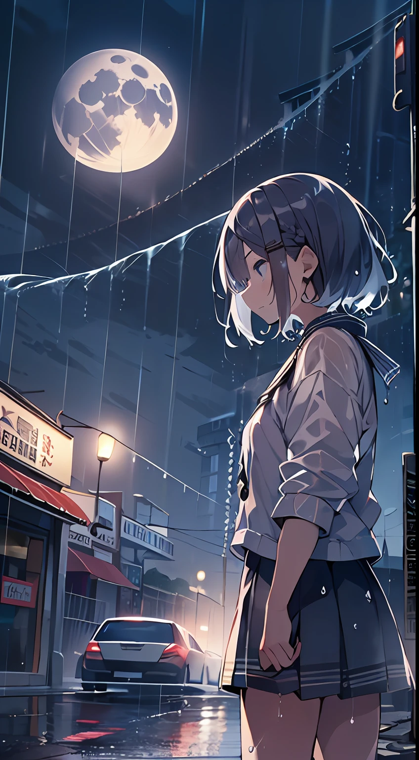 masutepiece, Best Quality,Illustration, Wallpaper, Ultra Detail, absurderes, 1girl in, Solo, (Medium short hair、short braided hair), Beautiful detailed eyes, rainfall、water dripping、wetting hair , Looking to the side, (Street:1.5), Cloudy sky、The Moon in the Distance