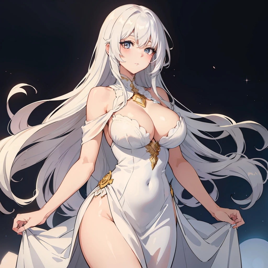 Illustrate an anime girl with flowing hair, adorned in an elegant gown, and surrounded by a soft glow of magic, white hair, large breasts, sexy, cowboy shot