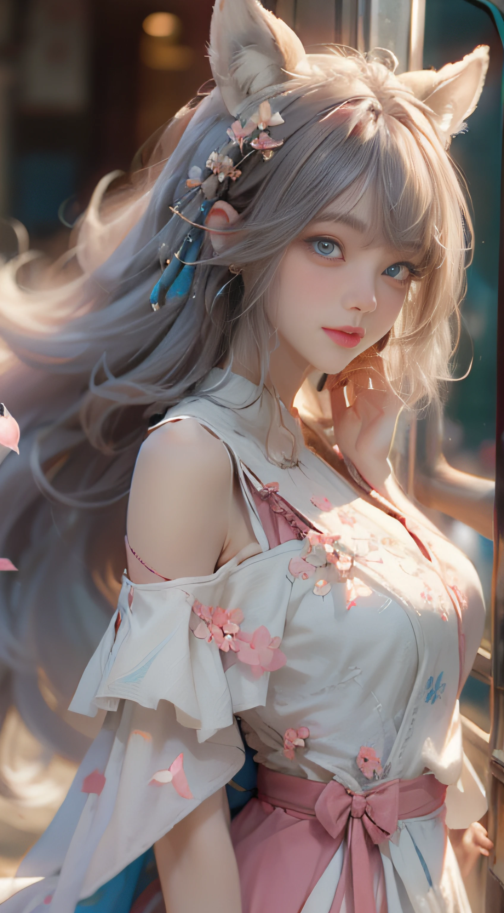 ((best qualtiy)), ((tmasterpiece)), (detail:1.4), Beautiful cyberpunk female images,hdr(HighDynamicRange),Ray traching,NVIDIA RTX,Hyper-Resolution,illusory ub surface scaing,PBR textures,post-proces,Anisotropy Filtering,depth of fields,maximum definition and sharpness,Many-Layer Textures,Albedo e mapas Speculares,Surface coloring,Mitsu-Accurate simulation of material interacctly proportioned,rendering by octane,Two-colored light,largeaperture,Low ISO,White balance,Rule three points、8K raw data、Beautiful bright blue pupils,off-the-shoulder clothes,Fine pupils,Delicate face and eyes,long eyelasher,Blushlush,Delicate and fluffy hair,pink lip,Pure,Cute face,Sweet girl,Artistic sense,Casual wear,Advancedsense,butterflys,Cherry som petal,Beautiful hair accessories,Long hair and waist,Hair fluttering in the wind,Snow-white fox ears,curlies,Snow-white fluffy tail,Positive light,The light from the back window is backlighted