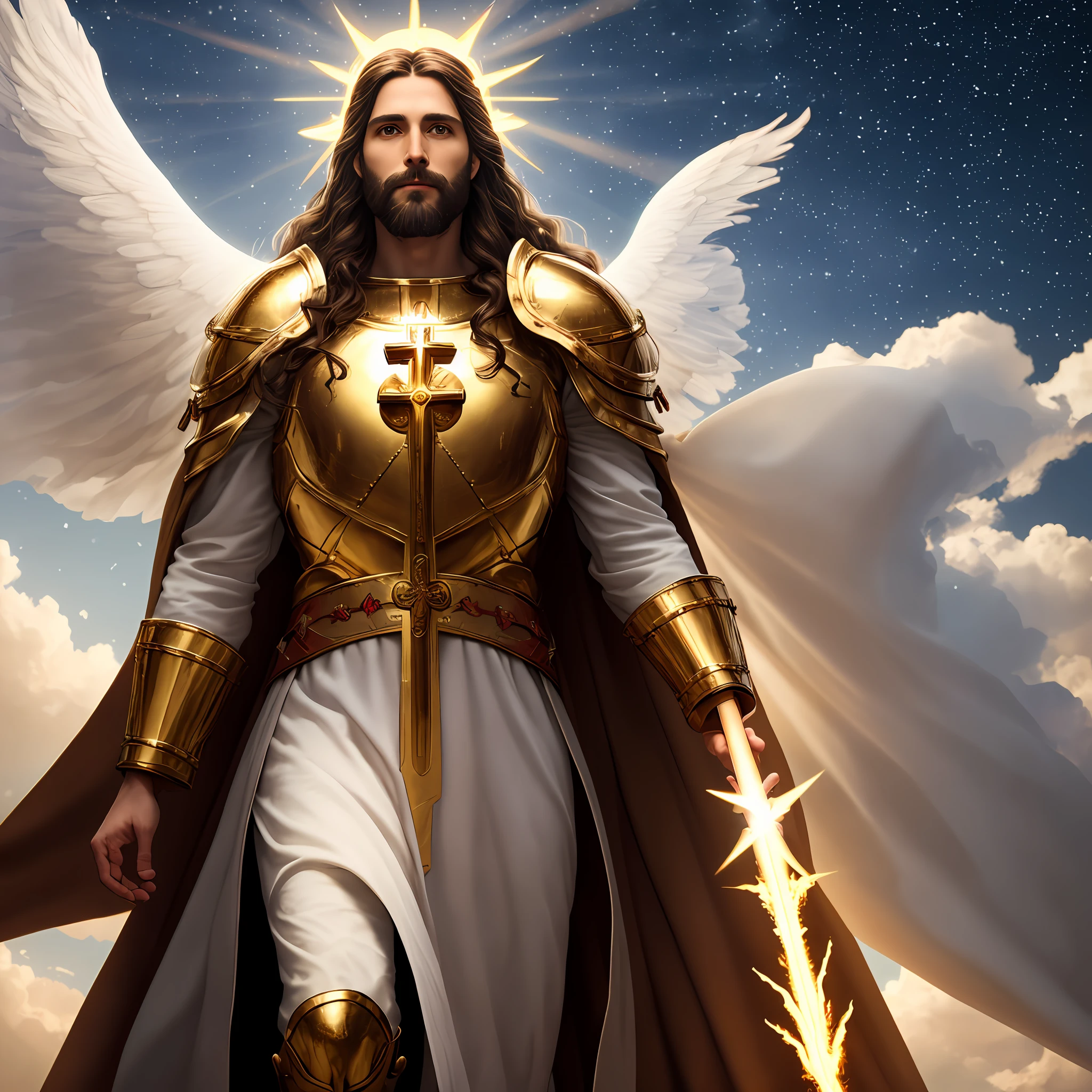 Jesus second coming in the heavens, ( Realistic) age 35 old years, Cross crown, a tunic and a golden breastplate, hair as brown as snow, eyes as flames of fire, feet as refined bronze in the furnace, light smile, Surrealism, backlighting, cinematic lighting, high quality, high details, 8K 3D best quality