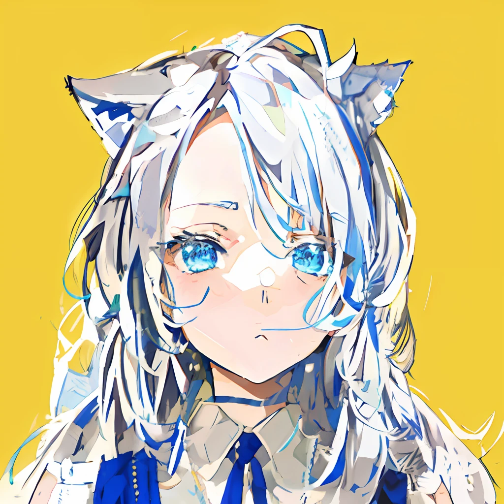 Anime girl with long light gray hair and blue eyes, Wolf ears, Vintage dress in blue, Green eyes, Lori, Suspicious face, !!Medium hair bangs!!