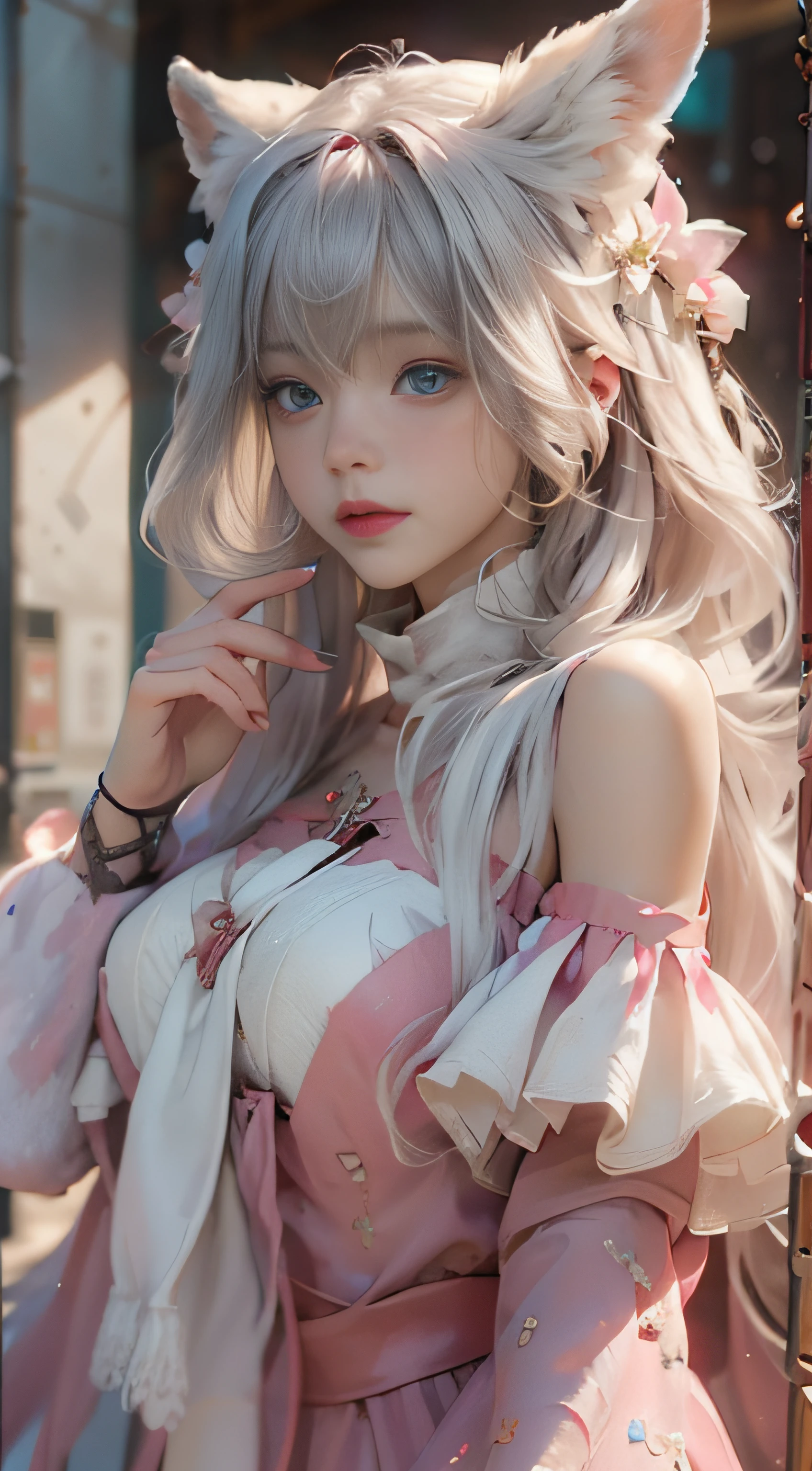 ((best qualtiy)), ((tmasterpiece)), (detail:1.4), Beautiful cyberpunk female images,hdr(HighDynamicRange),Ray traching,NVIDIA RTX,Hyper-Resolution,illusory 5,sub surface scattering,PBR textures,post-proces,Anisotropy Filtering,depth of fields,maximum definition and sharpness,Many-Layer Textures,Albedo e mapas Speculares,Surface coloring,Mitsu-Accurate simulation of material interactions,perfectly proportioned,rendering by octane,Two-colored light,largeaperture,Low ISO,White balance,Rule three points、8K raw data、Beautiful bright blue pupils,off-the-shoulder clothes,Fine pupils,Delicate face and eyes,long eyelasher,Blushlush,Delicate and fluffy hair,pink lip,Pure,Cute face,Sweet girl,Artistic sense,Casual wear,Advancedsense,butterflys,Cherry blossom petal,Beautiful hair accessories,Long hair and waist,Hair fluttering in the wind,Snow-white fox ears,curlies,Snow-white fluffy tail,Positive light,The light from the back window is backlighted