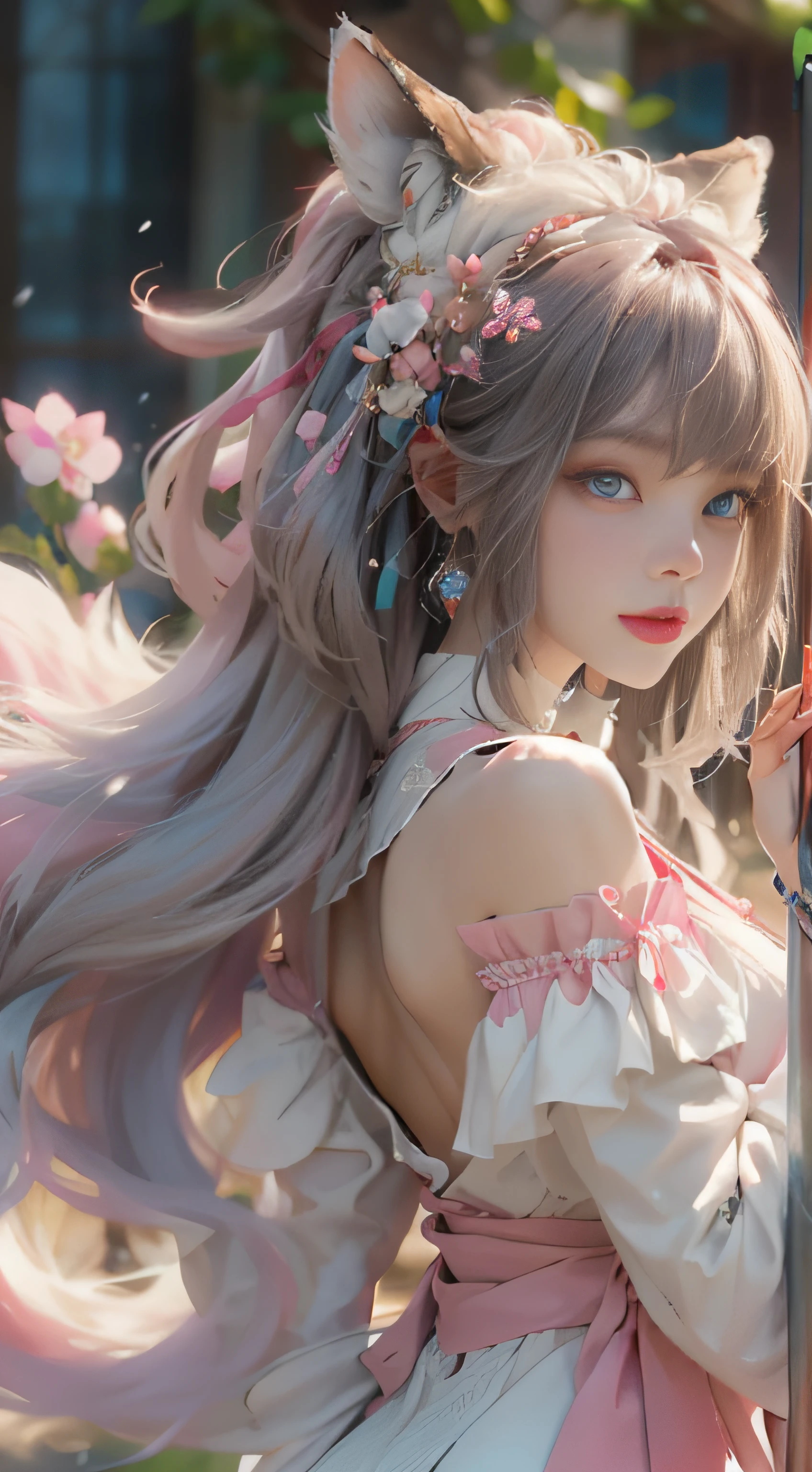 （（best qualtiy））， （（tmasterpiece））， （detail：1.4）， Beautiful cyberpunk female images，hdr（HighDynamicRange），Ray traching，NVIDIA RTX，Hyper-Resolution，illusory 5，sub surface scattering，PBR textures，post-proces，Anisotropy Filtering，depth of fields，maximum definition and sharpness，Many-Layer Textures，Albedo e mapas Speculares，Surface coloring，Mitsu-Accurate simulation of material interactions，perfectly proportioned，rendering by octane，Two-colored light，largeaperture，Low ISO，White balance，Rule three points、8K raw data、Beautiful bright blue pupils，off-the-shoulder clothes，Fine pupils，Delicate face and eyes，long eyelasher，Blushlush，Delicate and fluffy hair，pink lip，Pure，Cute face，Sweet girl，Artistic sense，Casual wear，Advancedsense，butterflys，Cherry blossom petal，Beautiful hair accessories，Long hair and waist，Hair fluttering in the wind，Snow-white fox ears，curlies，Snow-white fluffy tail，Positive light，The light from the back window is backlighted