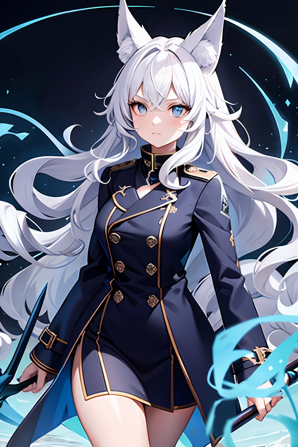 one-girl,Wolf ears,White hair,Wavy curly hair,Tsundere expression,Walking dynamic posture,Wear a dark blue trench coat,There is a wolf's tail behind him,The blue current around his body held a blue crystal-shaped spear