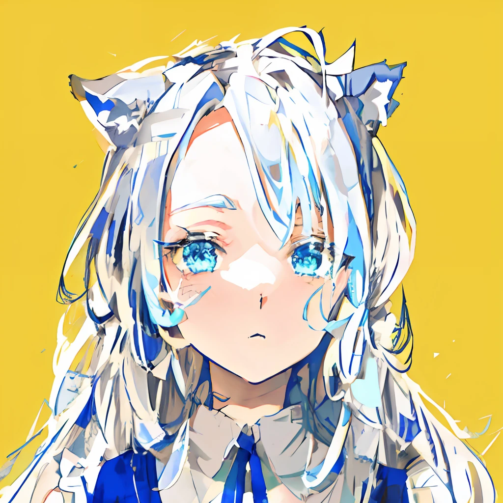 Anime girl with long light gray hair and blue eyes, Wolf ears, Vintage dress in blue, Green eyes, Lori, Suspicious face, !!Medium hair bangs!!