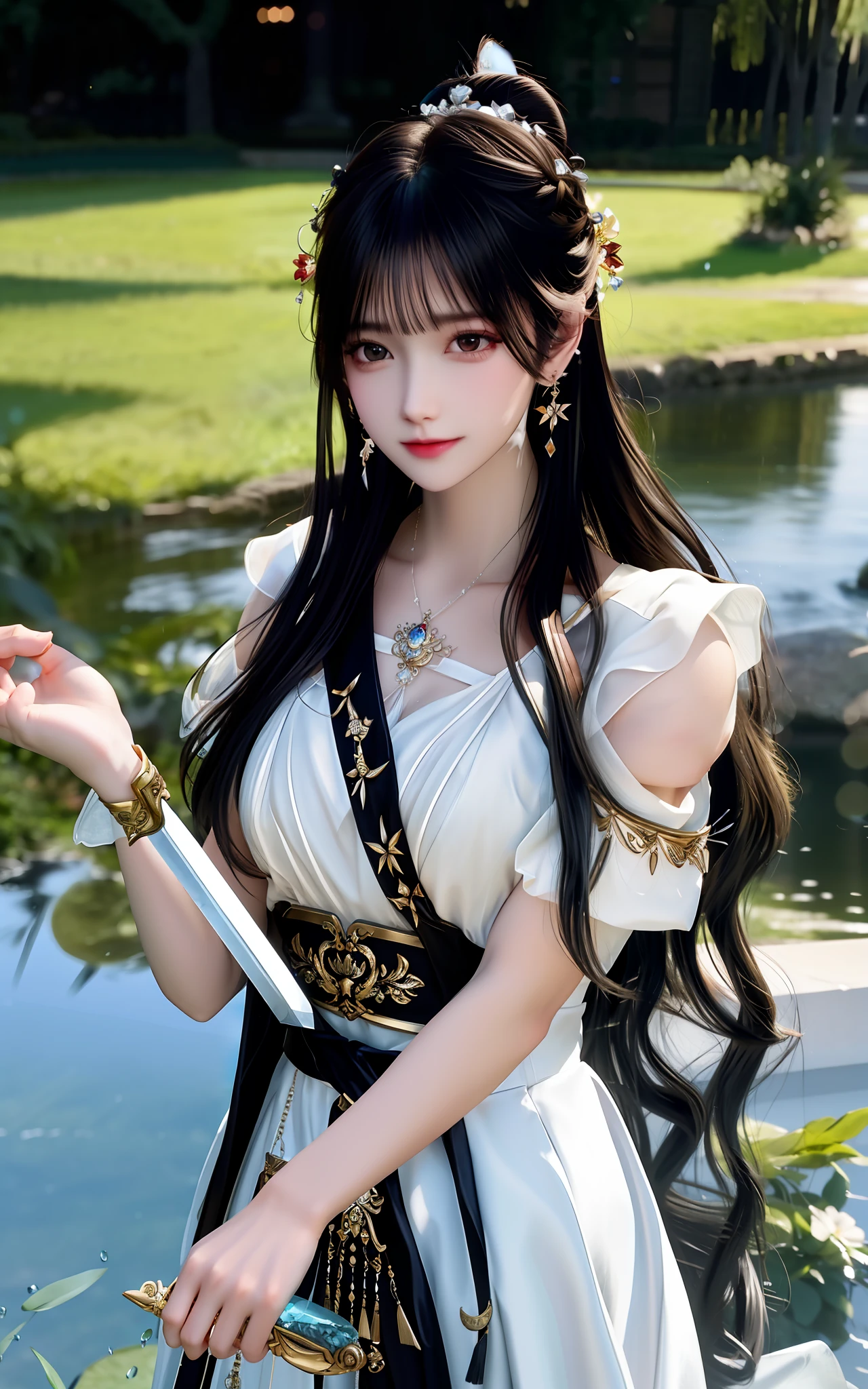 best quality,masterpiece,highres,cg,
1girl,weapon,sword,long hair,dress,water,solo,jewelry,white dress,earrings,hair ornament,splashing,upper body,hair bun,black hair,
lighting,candid,Photograph,high resolution,4k,8k,Bokeh,