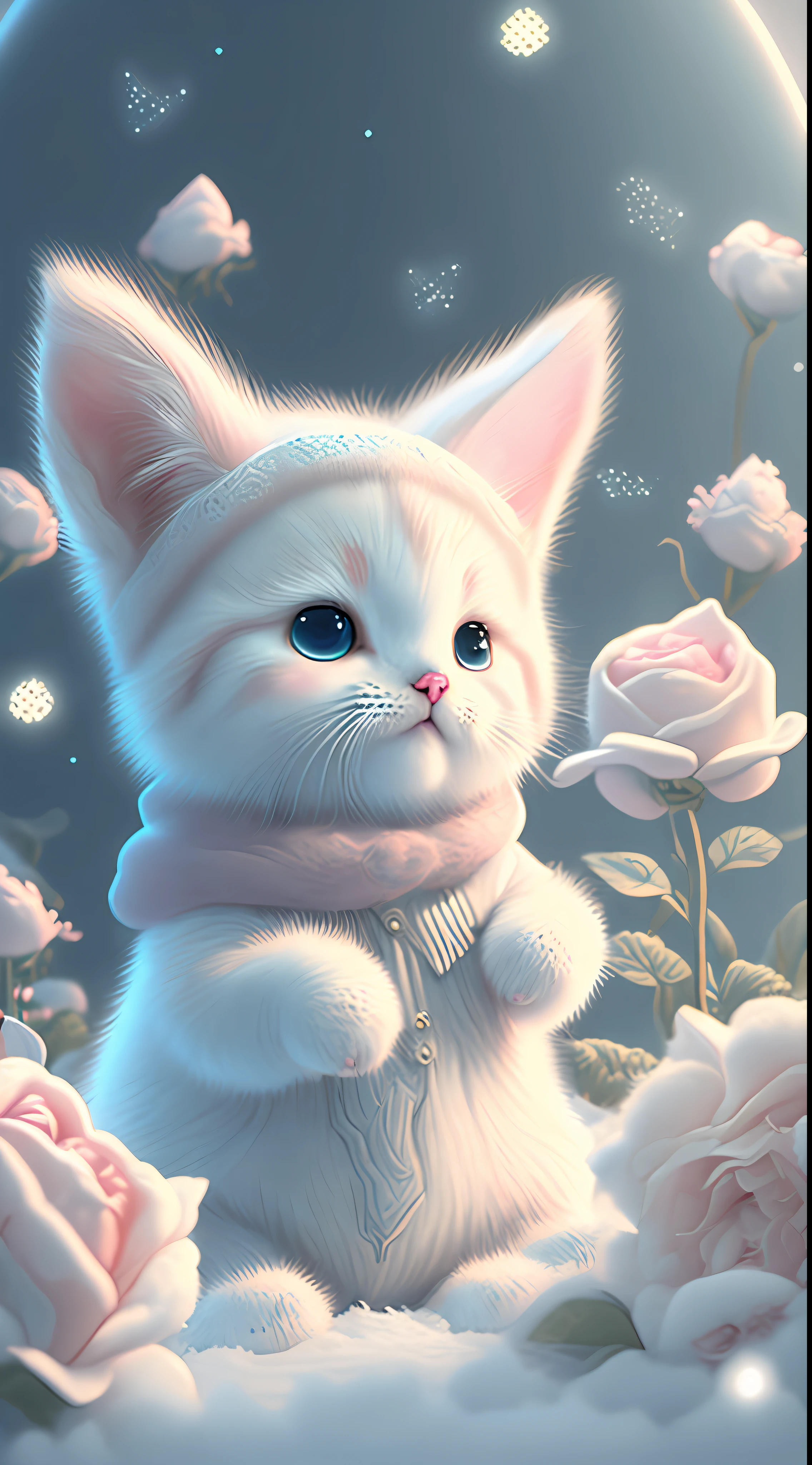 In this ultra-detailed CG art, cute kittens surrounded by ethereal roses, laughter, best quality, high resolution, intricate details, fantasy, cute animals, open mouths, laugh!!