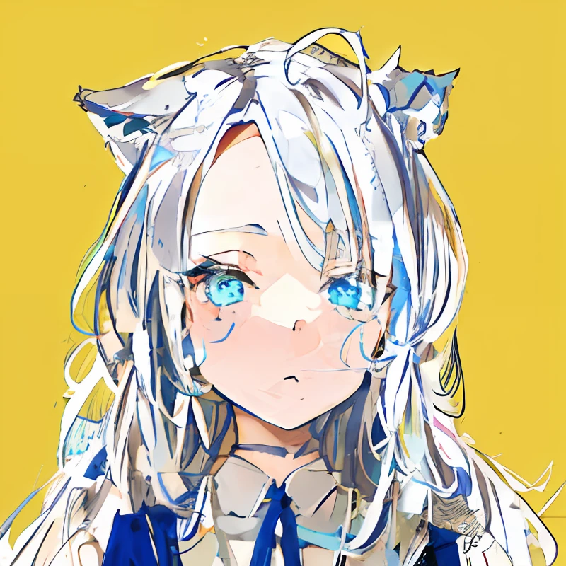 anime girl with long light grey hair and blue eyes, wolf ears, blue vintage dress, green eyes, loli, suspicious face, !!middle part bangs!!