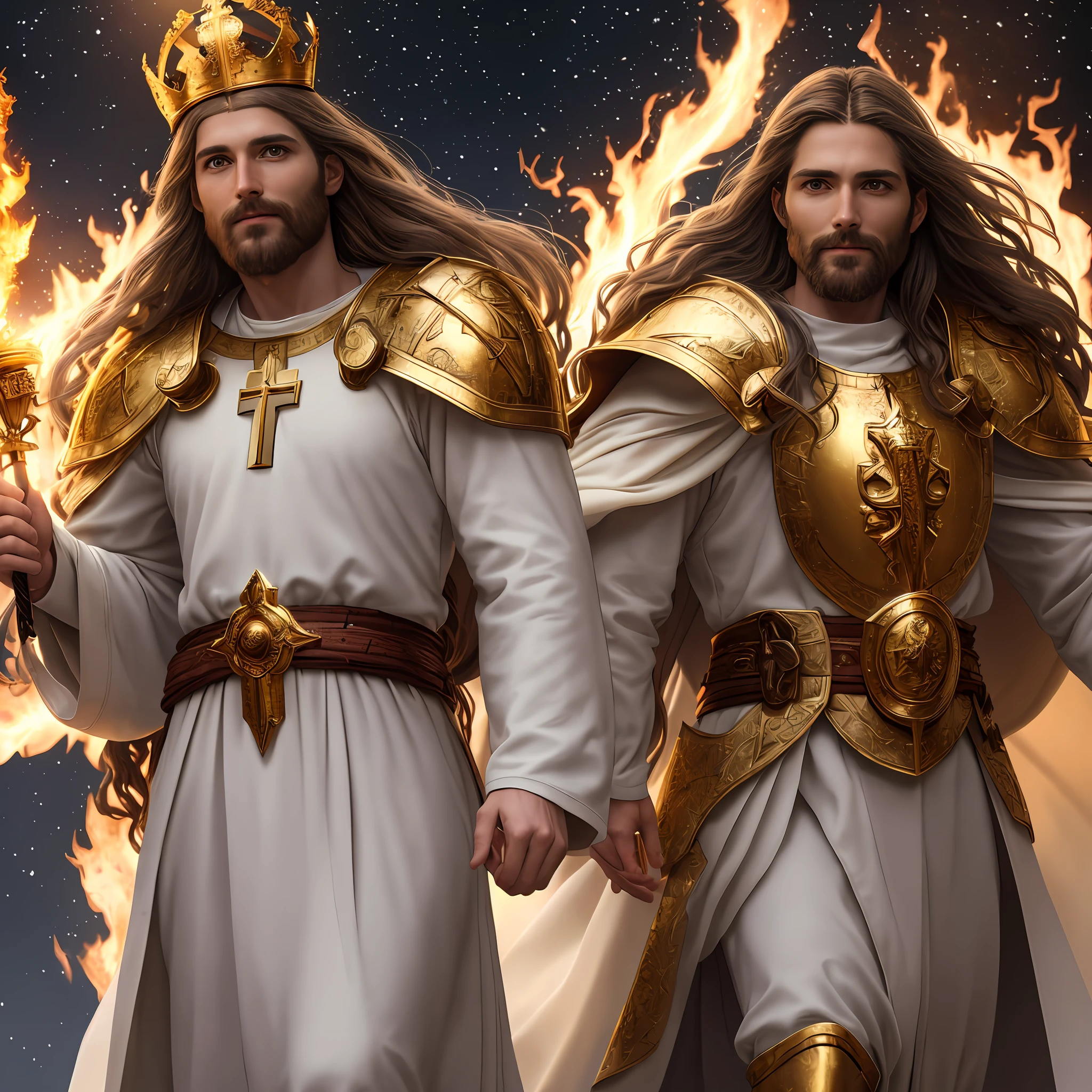 Jesus second coming in the heavens, ( Realistic) age 35 old years, Cross crown, a tunic and a golden breastplate, hair as brown as snow, eyes as flames of fire, feet as refined bronze in the furnace, light smile, Surrealism, backlighting, cinematic lighting, high quality, high details, 8K 3D best quality