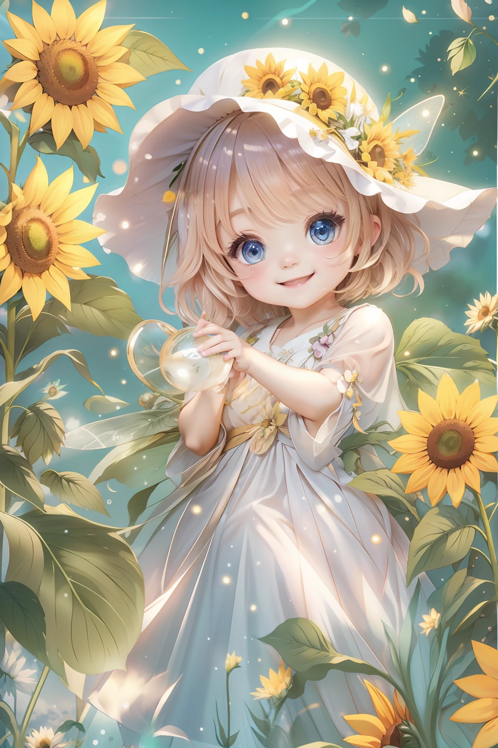 Cute fairy with a sense of transparency、Bright smile、Have fun playing、Beautiful background、Bright background、Sunflower background