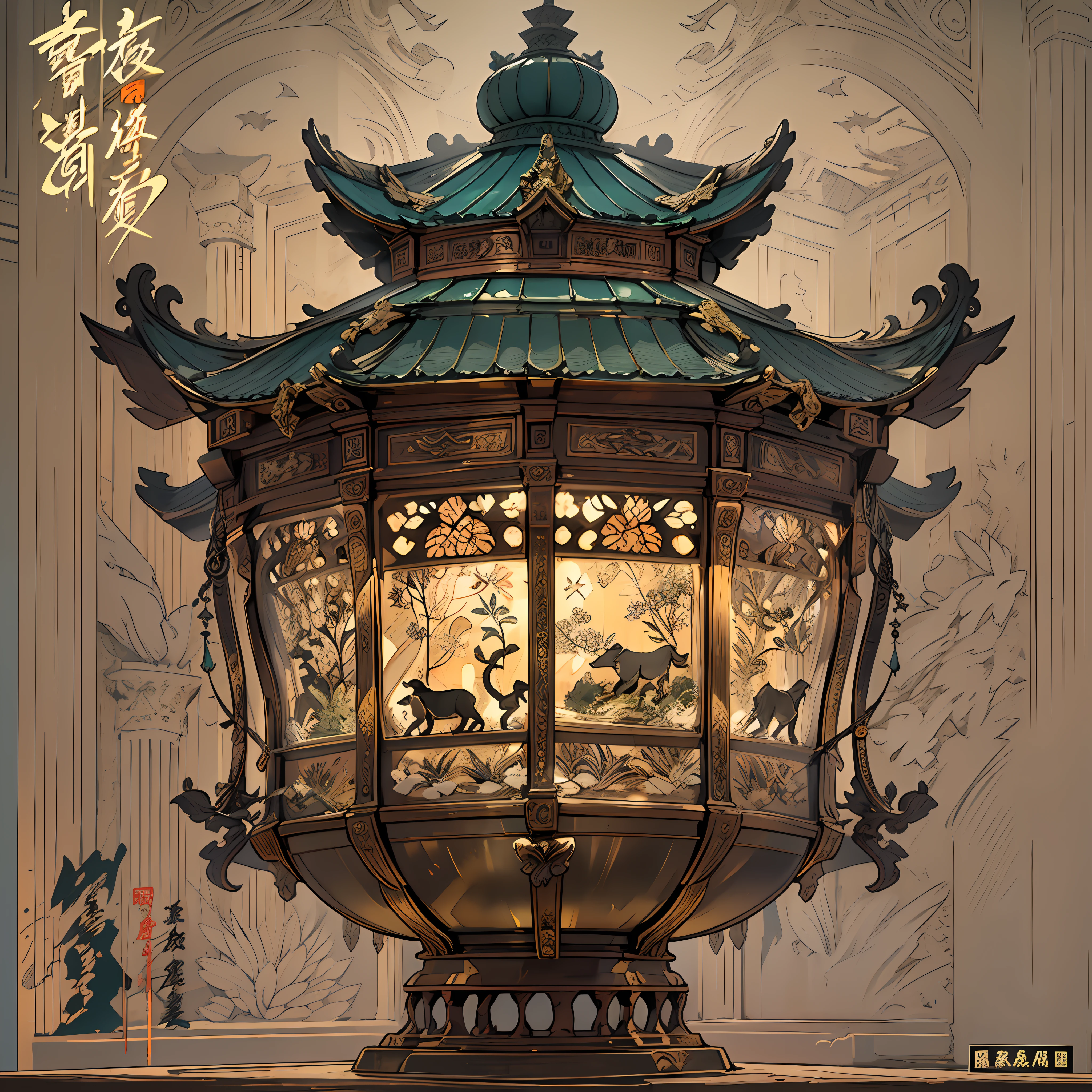 A palace lamp of the lamp shadow beef made of a sugar rack，There are rich image patterns on the lamp surface，The overall palace lamp is transparent，delicated，Beautiful ,in the style of the stars art group xing xing, 32K, Best quality, Masterpiece, Super detail, High details,