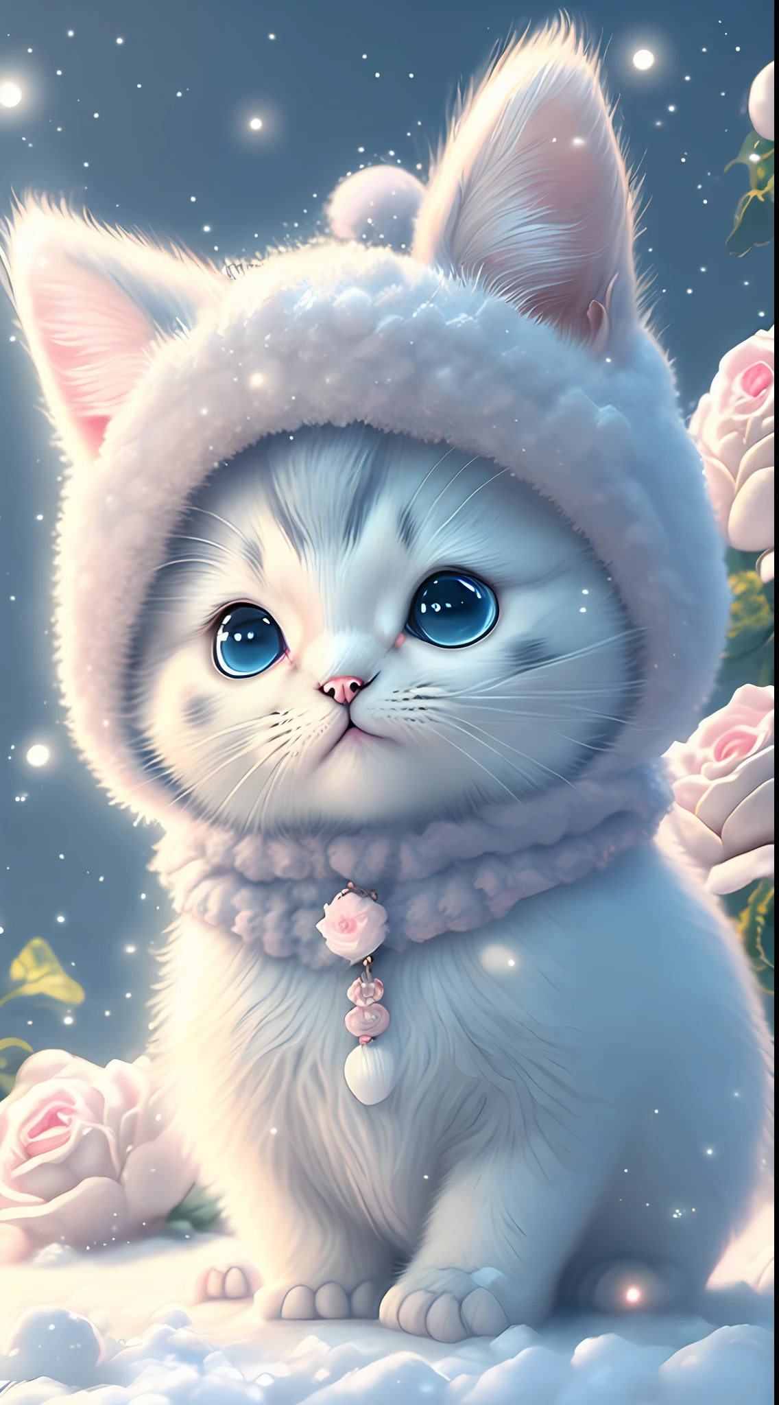 In this ultra-detailed CG art, cute kittens surrounded by ethereal roses, laughter, best quality, high resolution, intricate details, fantasy, cute animals, open mouths, laugh!!