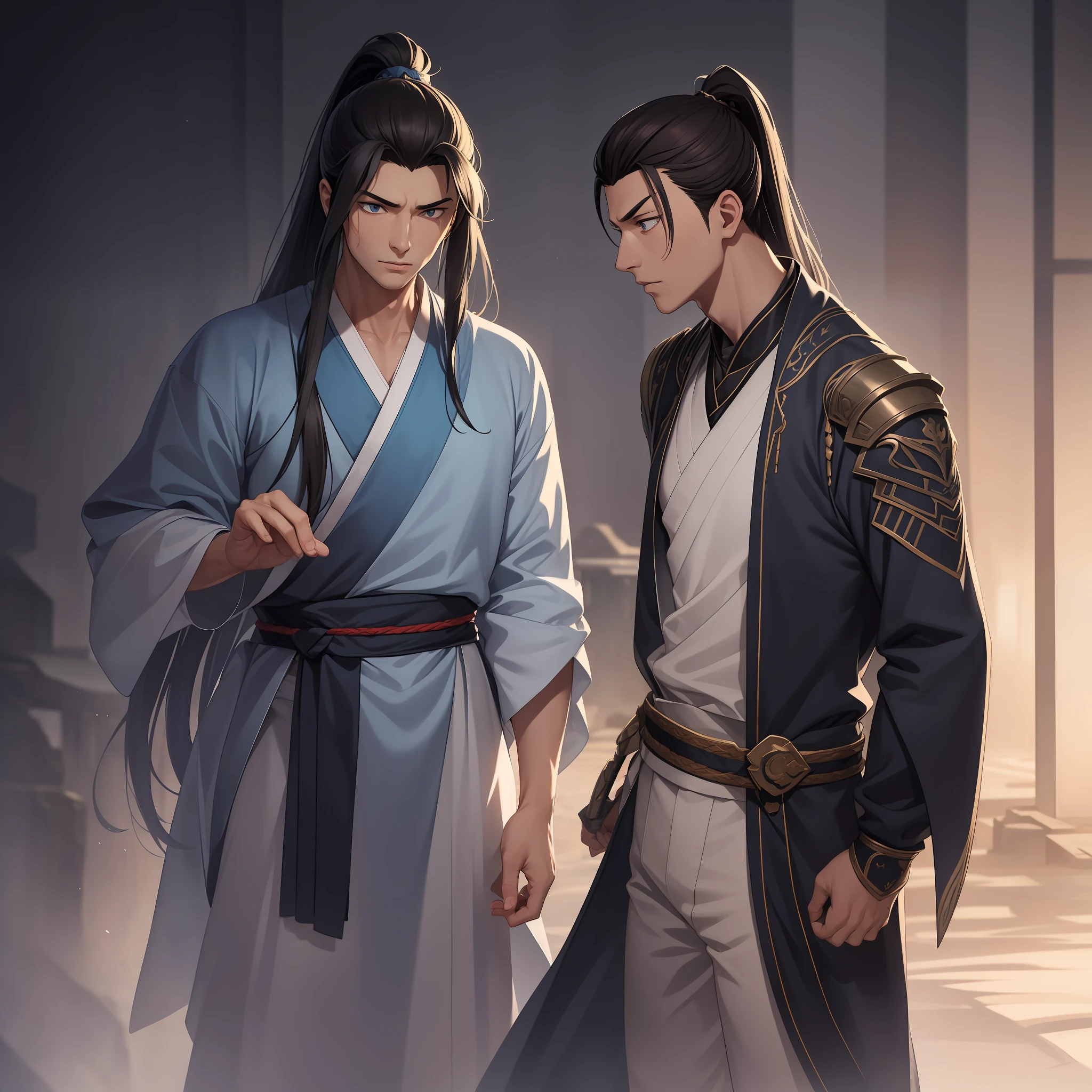 quadratic element,style of anime,mtu(Male Warrior),The proportions are correct,Face details,swordsmen,High ponytail hairstyle,Neck details,There is an Adam's apple,Blue suit,kaftan,long blue robes,clothes details,Handing over,longer sleeves,Game quality,Swordsmanship,Light and shadow tracking,Ray traching,detailed glow,cg render,hair detail,Blue long hair,blue colored eyes,Handsome,Handsome,(juvenile sense),Clothing is complicated,Perfectcomposition,Refinement,high qulity,higher details,Lots of details,The background is complex,a sense of atmosphere,