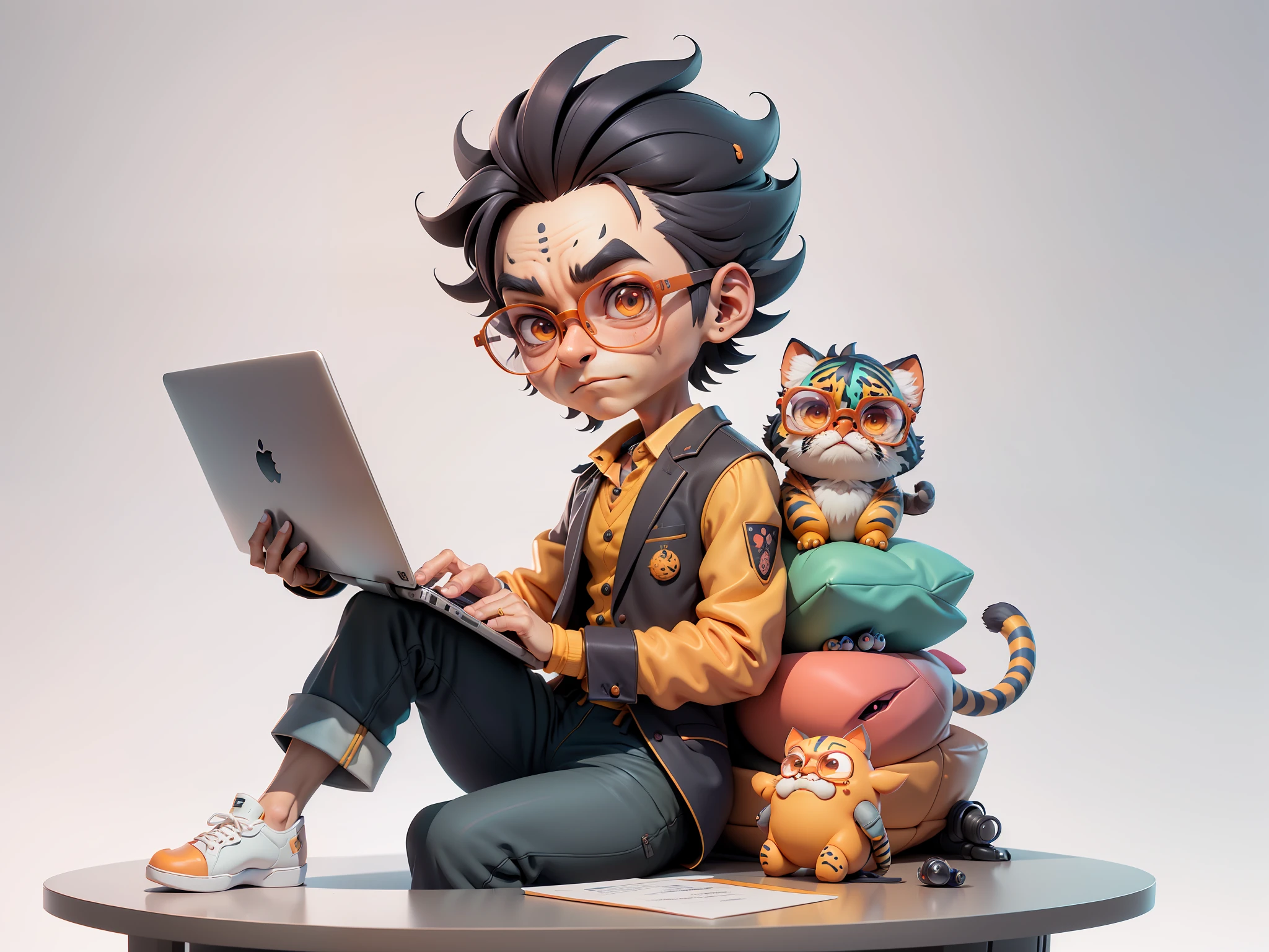 A young man in a suit and pants, Short hair and glasses sat at his desk，holding laptop，digitial painting，tigre，3D character design by Mark Clairen and Pixar and Hayao Miyazaki and Akira Toriyama，4K HD illustration，Very detailed facial features and cartoon-style visuals。