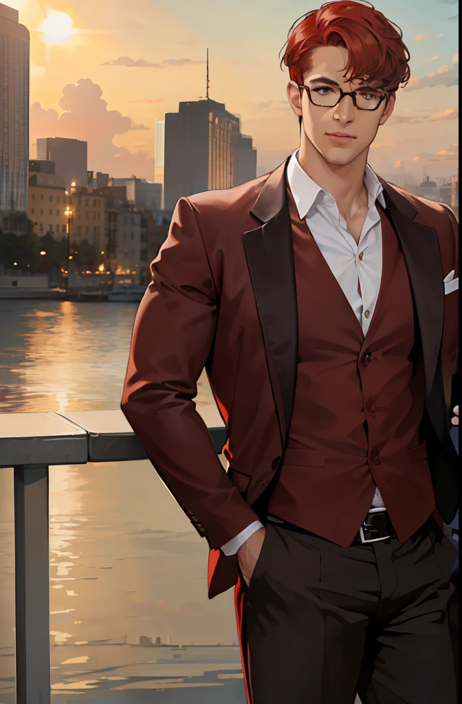 (absurdres, highres, ultra detailed, realistic, ), 1 male, solo, adult, mature, tall guy, broad shoulders, handsome, wear spectacles, short hair, wine-red-coloured hair, light brown eyes, angular jaw, thick eyebrows, sunlight, evening view of the city background, doctor uniform, upper body and full body