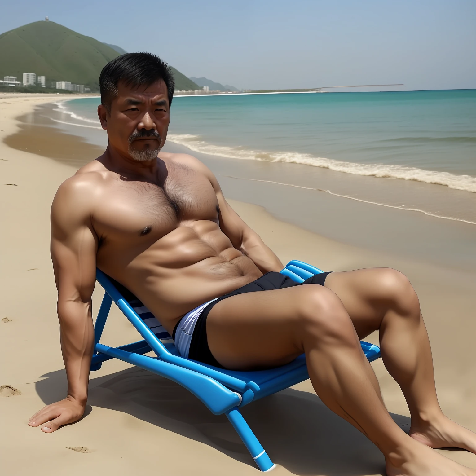 stubborn,sulk,Burly,hairy,Uncle Shandong, China,he is about 50 years old,Lay on a beach chair