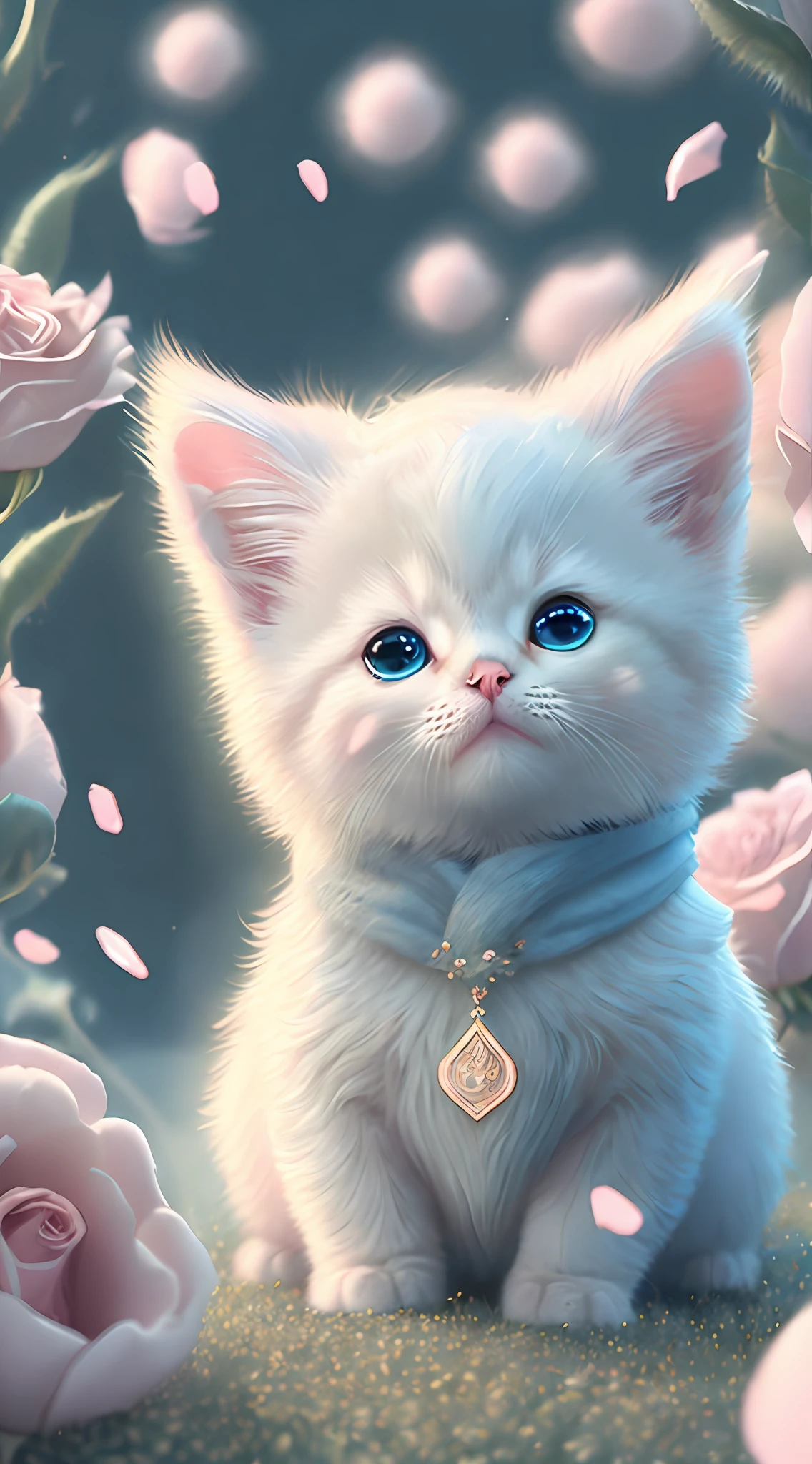 In this ultra-detailed CG art, cute kittens surrounded by ethereal roses, laughter, best quality, high resolution, intricate details, fantasy, cute animals, open mouths, laugh!!