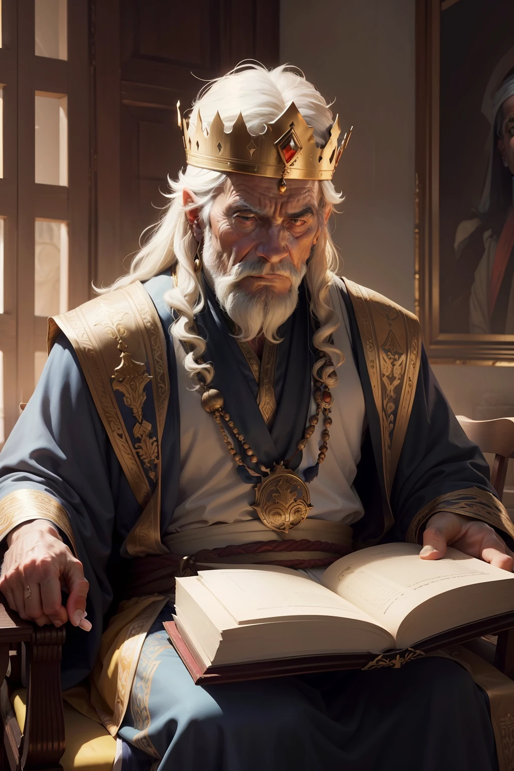 Draw a picture of King Solomon, A wise and elderly king, sentado no seu trono majestoso. He must be holding a book of Proverbs in his hands, with a serene, thoughtful expression on his face. He wears typical garb of a king, with an imposing crown adorning his head. The look in Solomon's eyes should reflect wisdom and experience, showing that he once lived 90 years old. A cena deve retratar a autoridade e a serenidade do rei, as a tribute to his legendary wisdom."