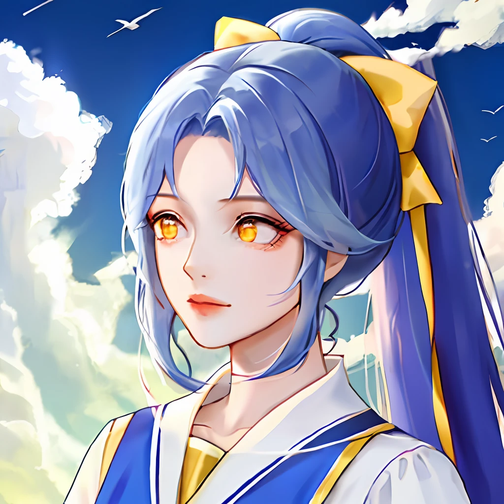 one-girl，Deep lake blue hair，Low double ponytail，mid - length hair，Sky blue bow，Yellow pupil，gentleness，