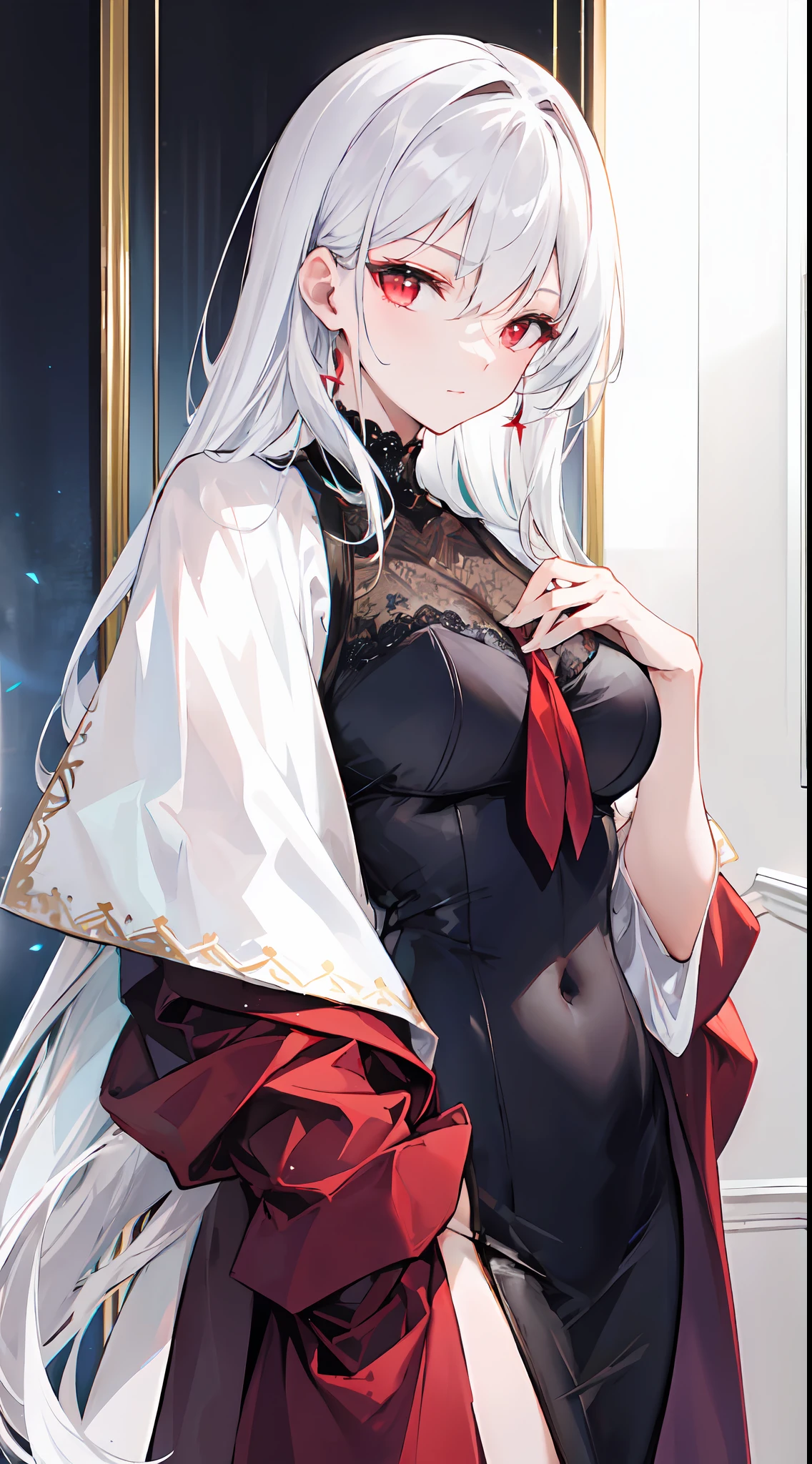 "An mature woman with long sied tied white hair, sharp glowing red eyes, wears white cloak in the dessert."