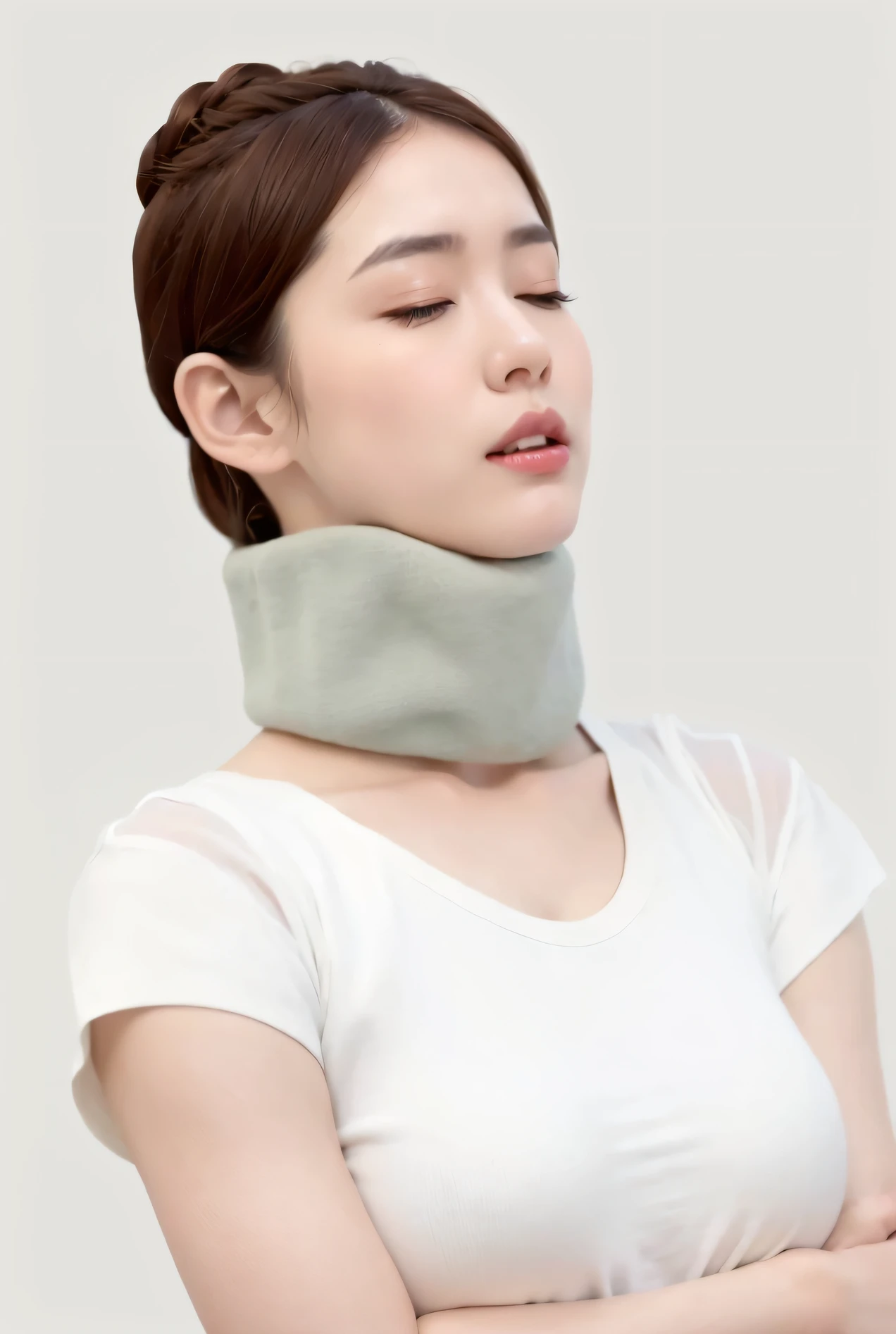 Woman with closed eyes wearing a neck brace in a white shirt, attractive neck, wearing collar on neck, neck visible, Neck, tight around neck, open neck collar, collar around neck, Official product image, Thick neck, Neck up, white neck visible, Round narrow chin, collar around neck, cyborg neck, Wearing wheat yellow gauze