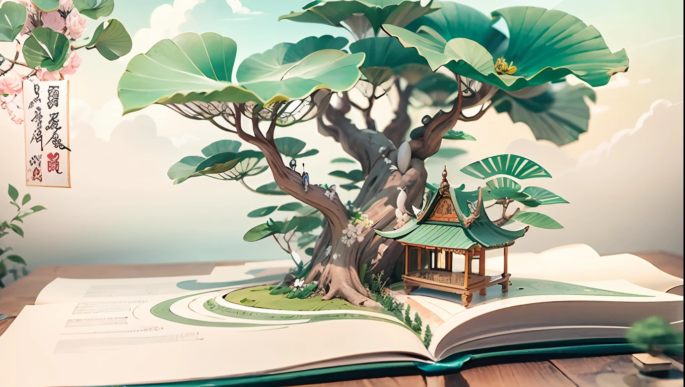 (popup book),Antique game scene design,big trees,florals,Lotus architecture,Floating table,A blue sky,White cloud,Chinese ink painting OC rendering sculpture