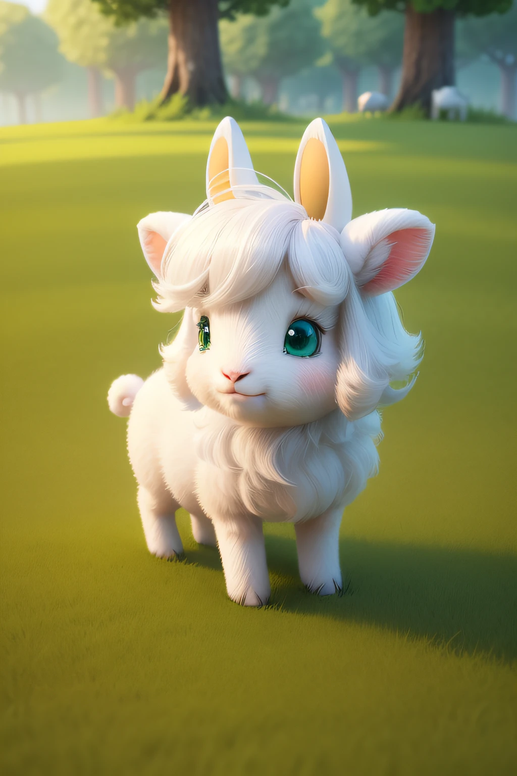 There is a little lamb in the green grass,Meticulous and cute digital art,Cartoonish rabbit image,Cute form rendered in 3D,Lovely and detailed artwork,Charismatic animal character,charming cartoon characters,Cute little animal image,Beautiful digital artwork,Fantastic and moving eyes,Fascinating forest creatures,cute animal。