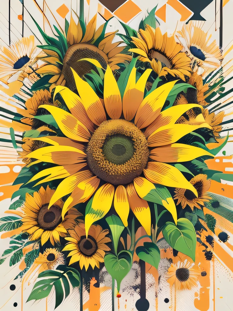 vector art, Colorful illustration with sunflower graffiti, in the center, Bright colors, paint splashes and blots, high detail, whitebackground
