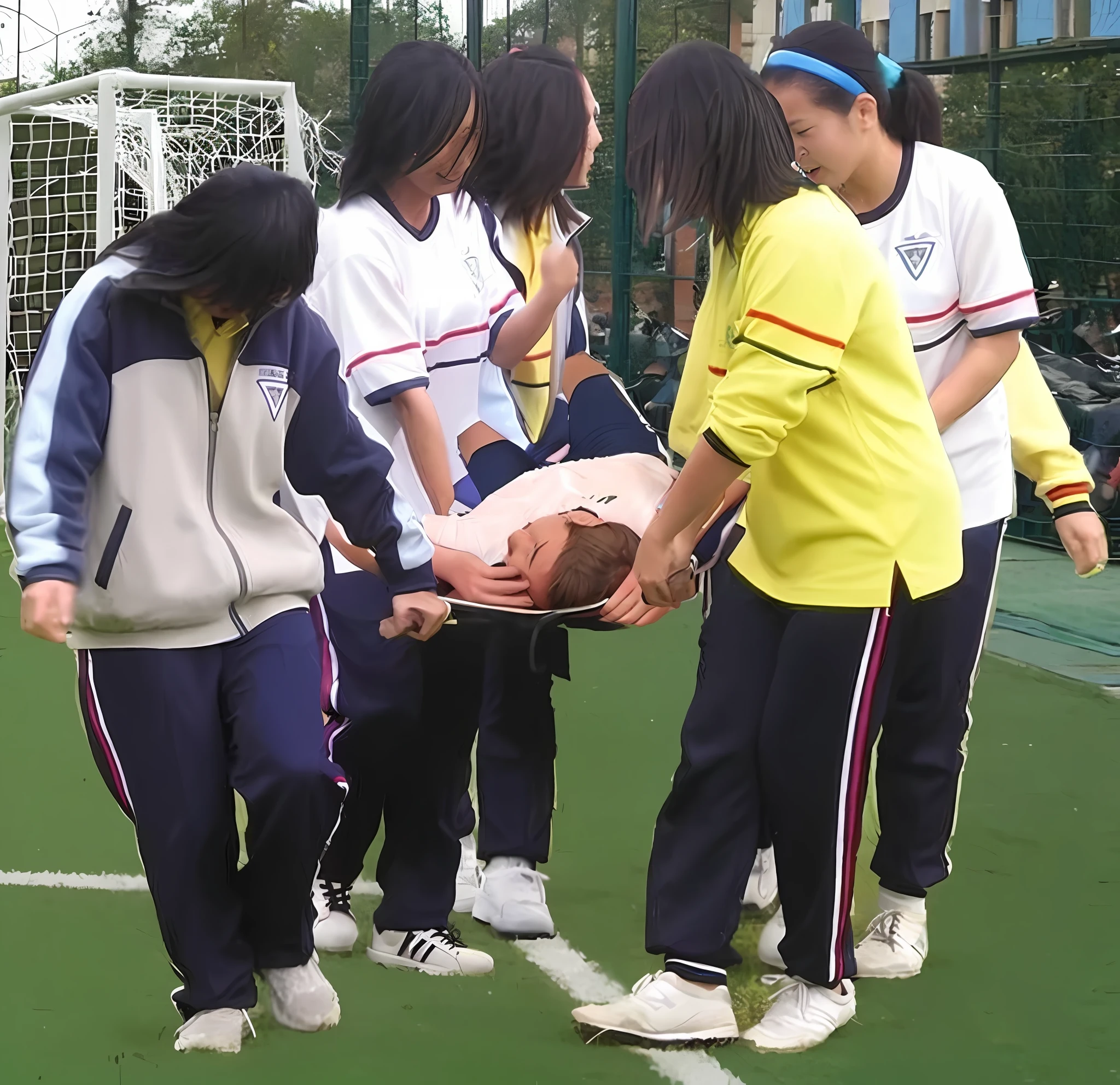 a soccer scene in a chinese sports stadium, rainy weather, wet ground, rainfall, injury scene in a sports stadium, stretcher carry, there are four female medics in wet raincoats who carrying a stretcher, there are four female medics in wet raincoats who are carrying a stretcher in a rainy sports stadium, there is a wounded male soccer player in a matte short cotton sports outfit lying on the stretcher, an injured male soccer player is lying on his back on a stretcher and is rearing up in agony, a soccer player is rearing up in pain while lying on his back on a stretcher, dramatic scene, theatralic posing scene, dramatic pity scene, injury soccer, first aid, help, pity, there are four female medics in shiny raincoats who are looking very sad and very terrified and very shocked, the injured soccer player is screaming out in pain while he is carried from the pitch on a stetcher through the rain