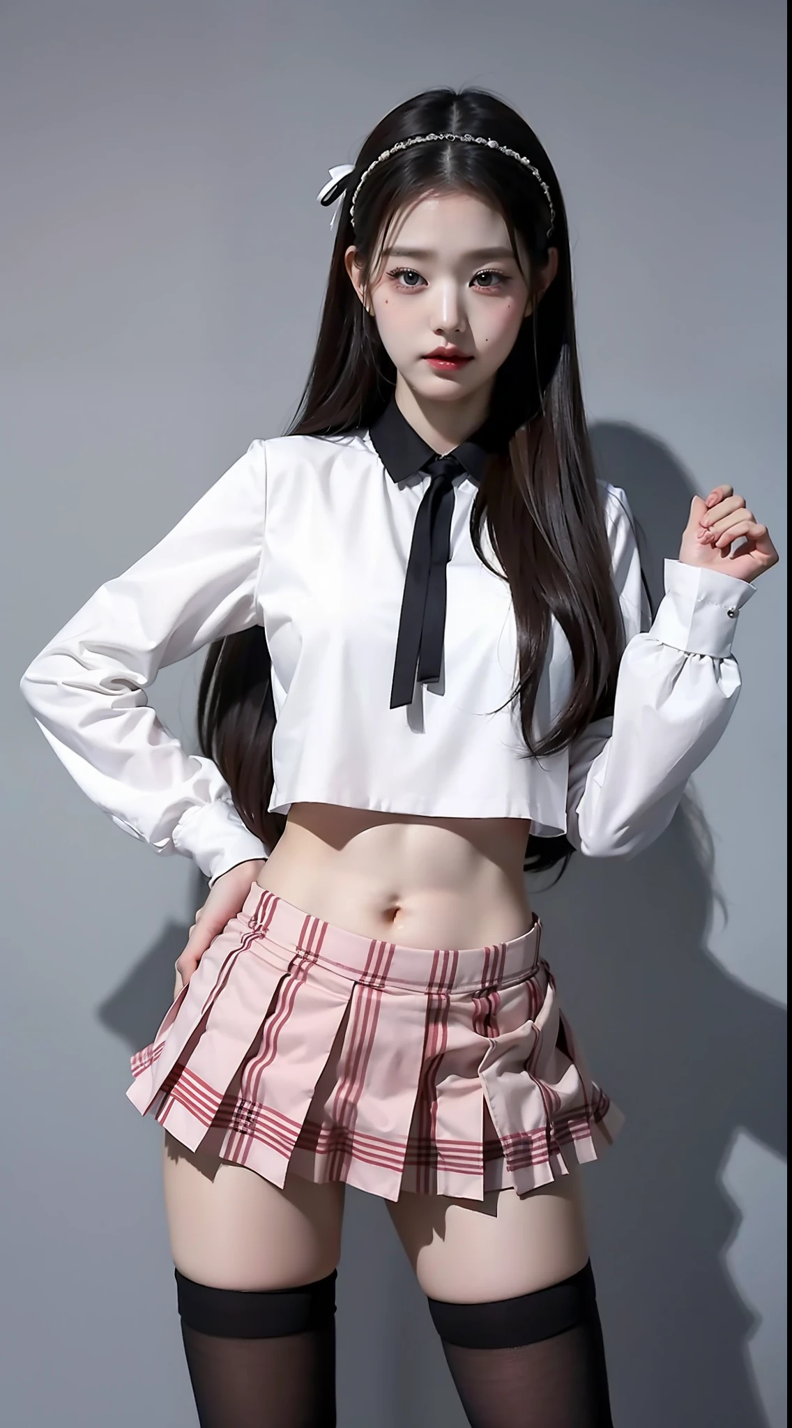 top-quality、masterpiece、1 、A slender、small tits、校服、hyperdetailed face、Detailed eye、二重まぶた、Plaid pleated skirt、knee high socks、full bodyesbian、without background、Beautiful abs、Navel