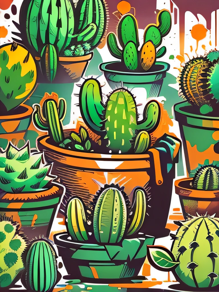 vector art, Colorful illustration with graffiti cactus, in the center, Bright colors, paint splashes and blots, high detail, whitebackground