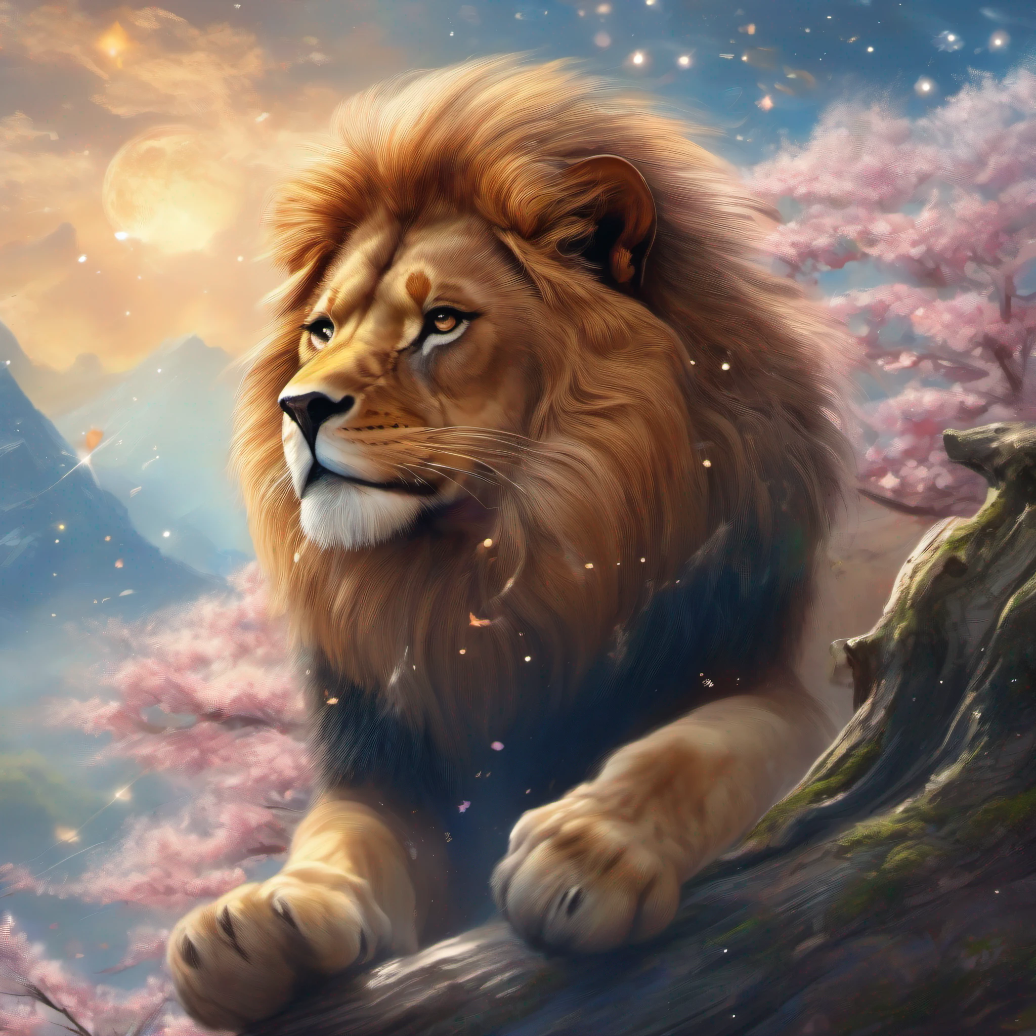 A lion,(Delicate, fluffy and soft hair),Launch into the sky with a bazooka,tmasterpiece,Best quality at best,32K,background:trees with falling stars, hanging sakura flowers, and blue drips of soul energy 5