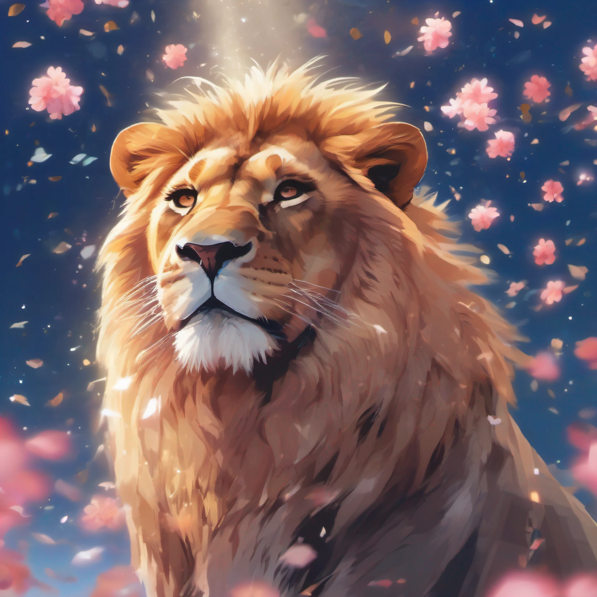 A lion,(Delicate, fluffy and soft hair),Launch into the sky with a bazooka,tmasterpiece,Best quality at best,32K,background:trees with falling stars, hanging sakura flowers, and blue drips of soul energy 5