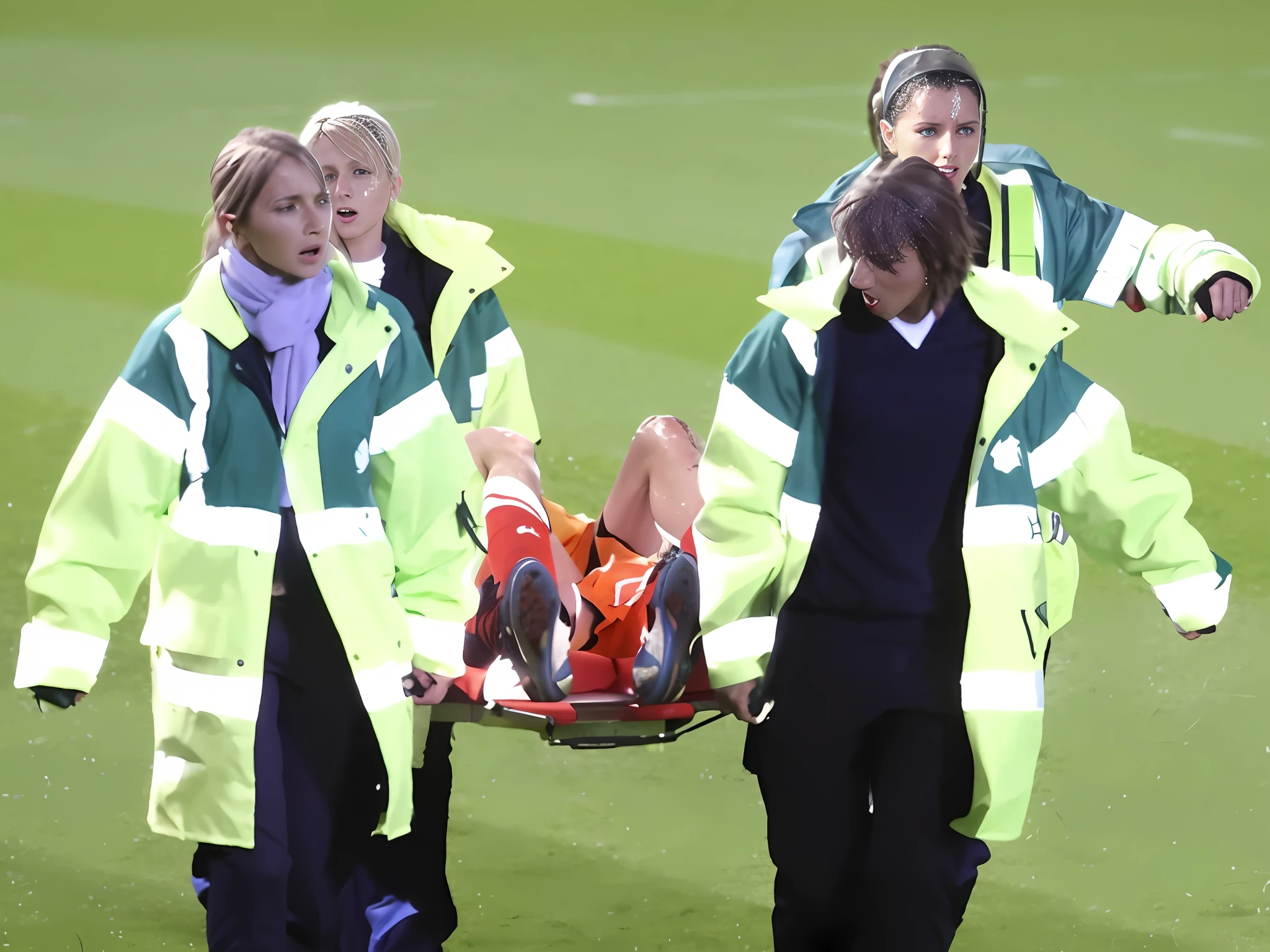 a soccer scene in a sports stadium, cool and wet weather conditions, humide ground, rainy sky, injury scene in a sports stadium, stretcher carry, there are four female medics carrying a stretcher, there are four female medics in very shiny coats who are carrying a stretcher in a sports stadium, there is a wounded male soccer player in a matte short cotton sports outfit lying on the stretcher, an injured male soccer player in matte cotton sportswear is lying in pain on a stretcher, a soccer player in matte cotton sports clothes is rearing up in intense pain while lying on a stretcher, dramatic scene, theatralic posing scene, dramatic pity scene, injury soccer, first aid, help, pity, there are four female medics in wetlook high-shine coats who are looking very sad and very terrified and very shocked, the injured soccer player is screaming out in pain while he is carried from the pitch on a stretcher