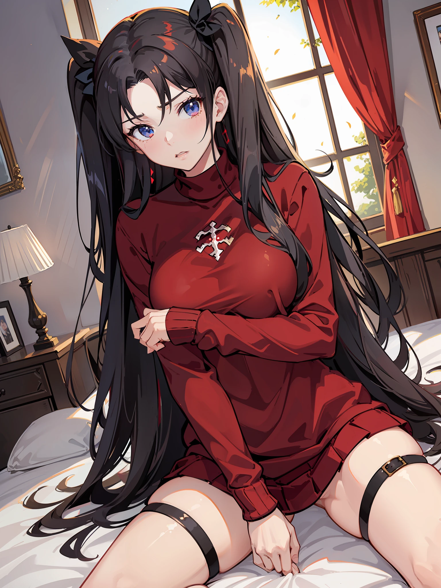 (best quality), [masterpiece], (rin tohsaka), sexy pose, breast, nudity, red sweater and black skirt, black thigh-highs, black twintails, blue eyes, on bed, white bed