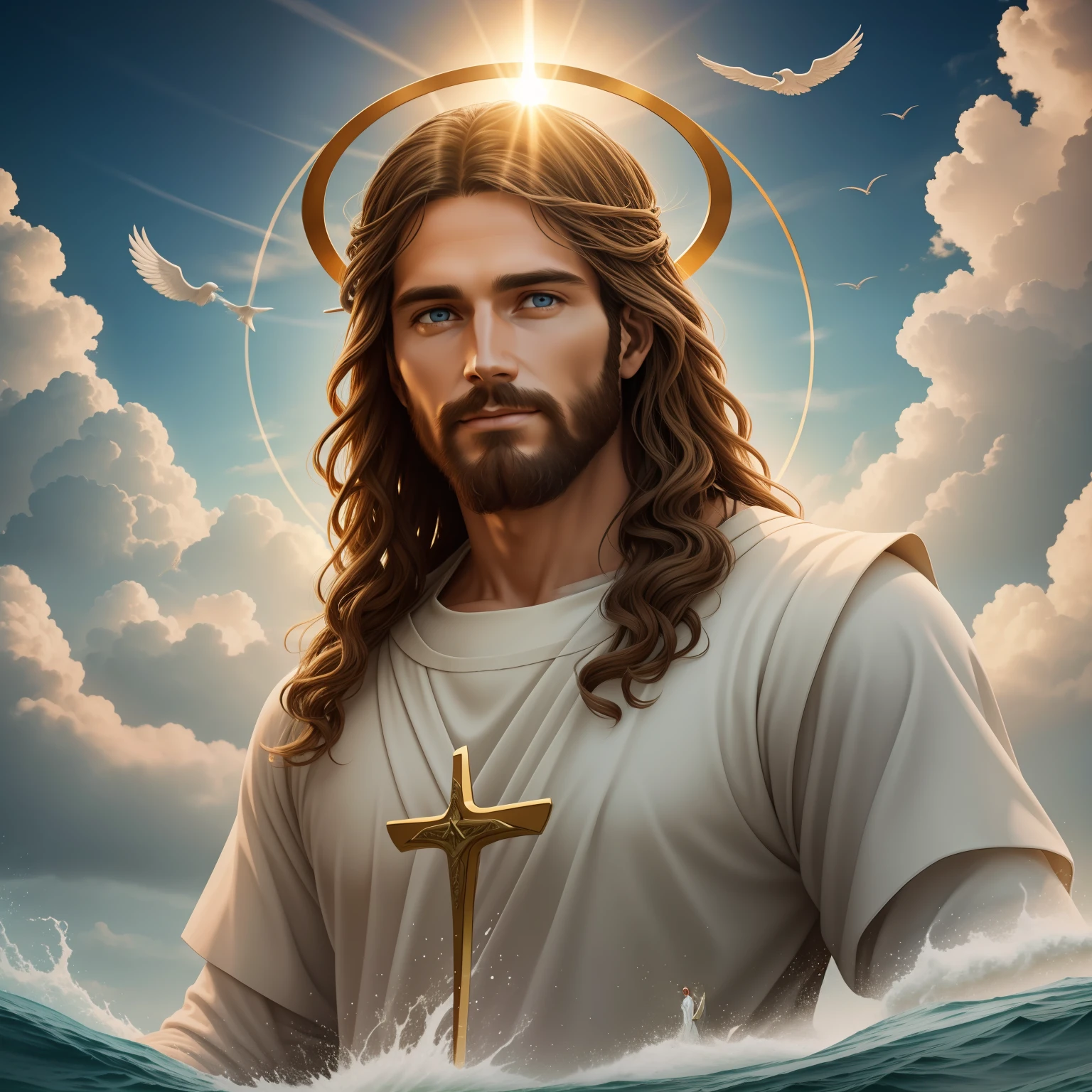 Real Jesus flying on sky with a flying cloud in the background, Jesus walking on water, biblical illustration, epic biblical representation, forcing him to flee, coming out of the ocean, ! holding in hand!, disembarking, god of the ocean, beautiful representation, 8k 3D Model, realistic,
a 3D Realistic of jesus with a halo in the sky, jesus christ, smiling in heaven, portrait of jesus christ, jesus face, 35 young almighty god, portrait of a heavenly god, greg olsen, gigachad jesus, jesus of nazareth, jesus, the face of god, god looking at me, he is greeting you warmly, he is happy, avatar image