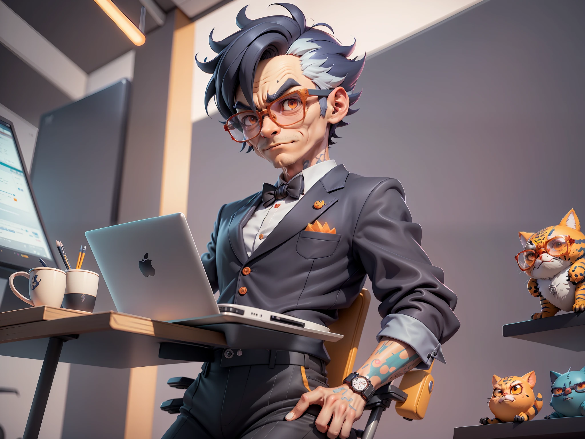 A young man in a suit and pants, Short hair and glasses sat at his desk，holding laptop，digitial painting，tigre，3D character design by Mark Clairen and Pixar and Hayao Miyazaki and Akira Toriyama，4K HD illustration，Very detailed facial features and cartoon-style visuals。