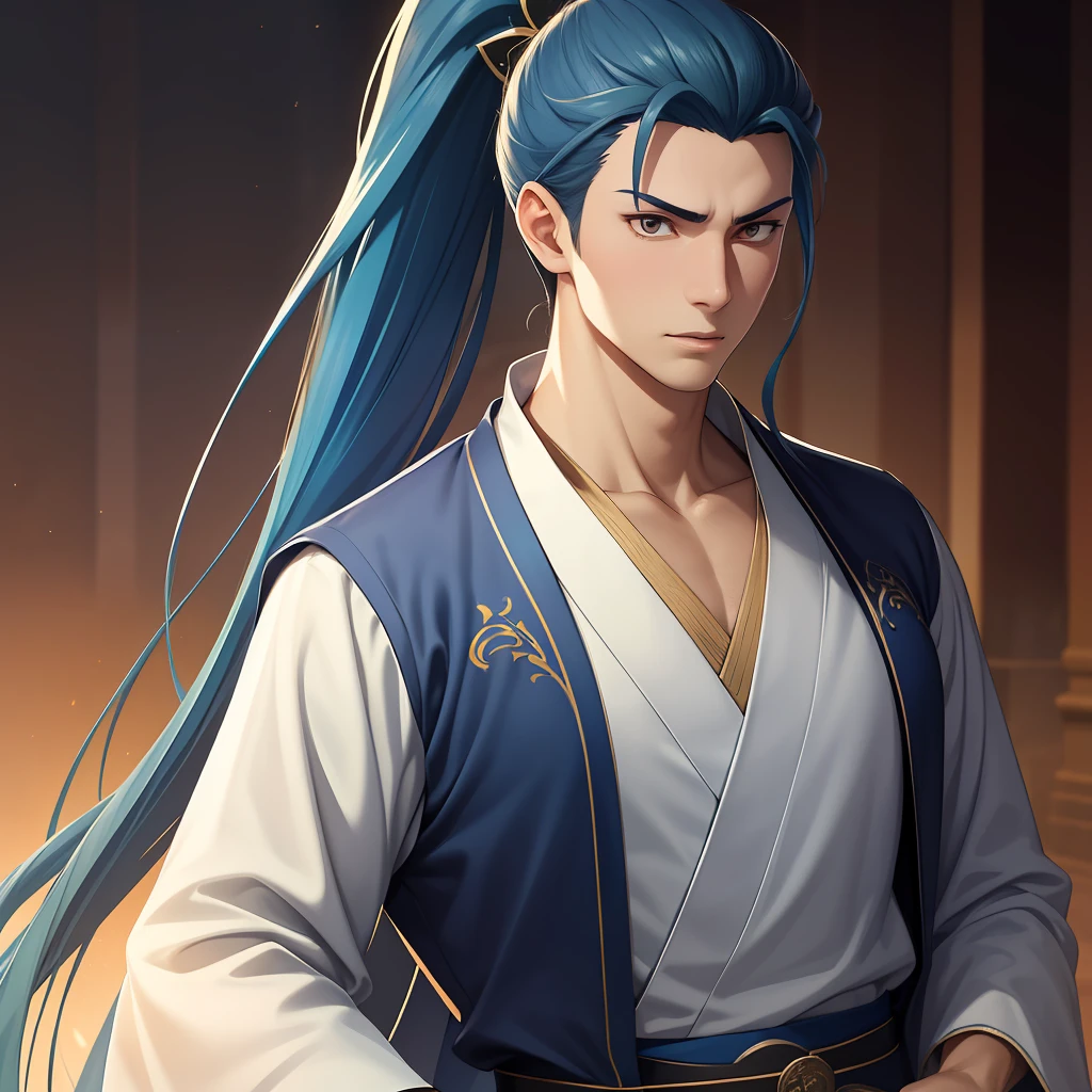 quadratic element，style of anime，mtu（Male Warrior），The proportions are correct，Face details，swordsmen，High ponytail hairstyle，Neck details，There is an Adam's apple，Blue suit，kaftan，long blue robes，clothes details，Handing over，longer sleeves，Game quality，Swordsmanship，Light and shadow tracking，Ray traching，detailed glow，cg render，hair detail，Blue long hair，blue colored eyes，Handsome，Handsome，（juvenile sense），Clothing is complicated，Perfectcomposition，Refinement，high qulity，higher details，Lots of details，The background is complex，a sense of atmosphere，