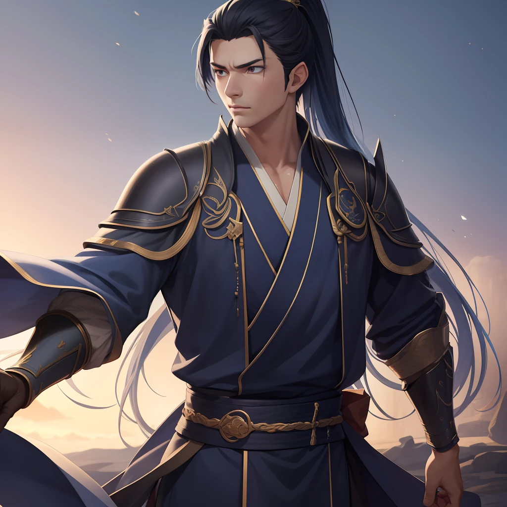 quadratic element,style of anime,mtu(Male Warrior),The proportions are correct,Face details,swordsmen,High ponytail hairstyle,Neck details,There is an Adam's apple,Blue suit,kaftan,long blue robes,clothes details,Handing over,longer sleeves,Game quality,Swordsmanship,Light and shadow tracking,Ray traching,detailed glow,cg render,hair detail,Blue long hair,blue colored eyes,Handsome,Handsome,(juvenile sense),Clothing is complicated,Perfectcomposition,Refinement,high qulity,higher details,Lots of details,The background is complex,a sense of atmosphere,