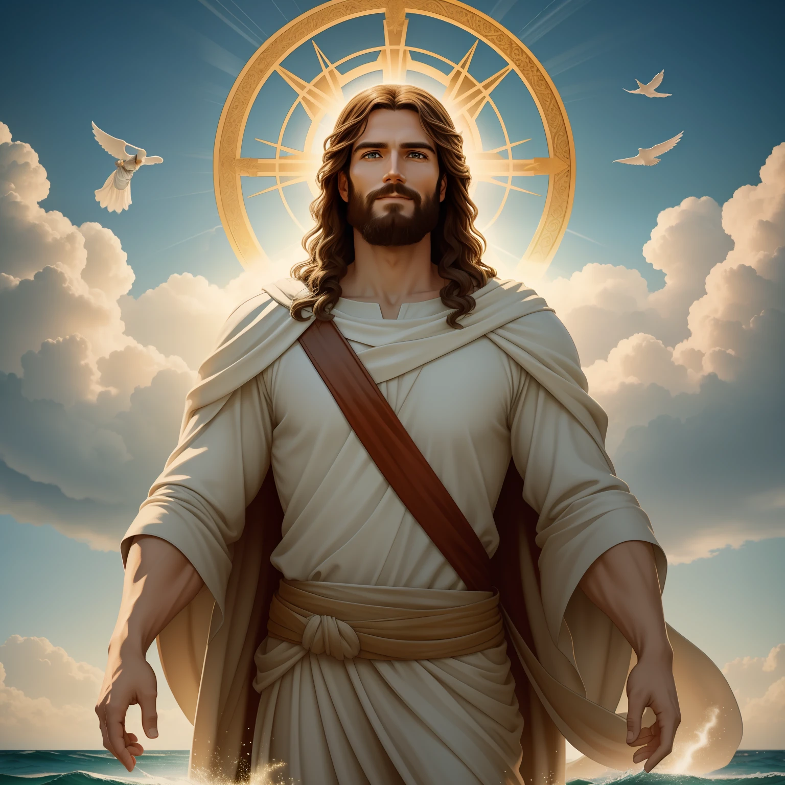 Real Jesus flying on sky with a flying cloud in the background, Jesus walking on water, biblical illustration, epic biblical representation, forcing him to flee, coming out of the ocean, ! holding in hand!, disembarking, god of the ocean, beautiful representation, 8k 3D Model, realistic,
a 3D Realistic of jesus with a halo in the sky, jesus christ, smiling in heaven, portrait of jesus christ, jesus face, 35 young almighty god, portrait of a heavenly god, greg olsen, gigachad jesus, jesus of nazareth, jesus, the face of god, god looking at me, he is greeting you warmly, he is happy, avatar image