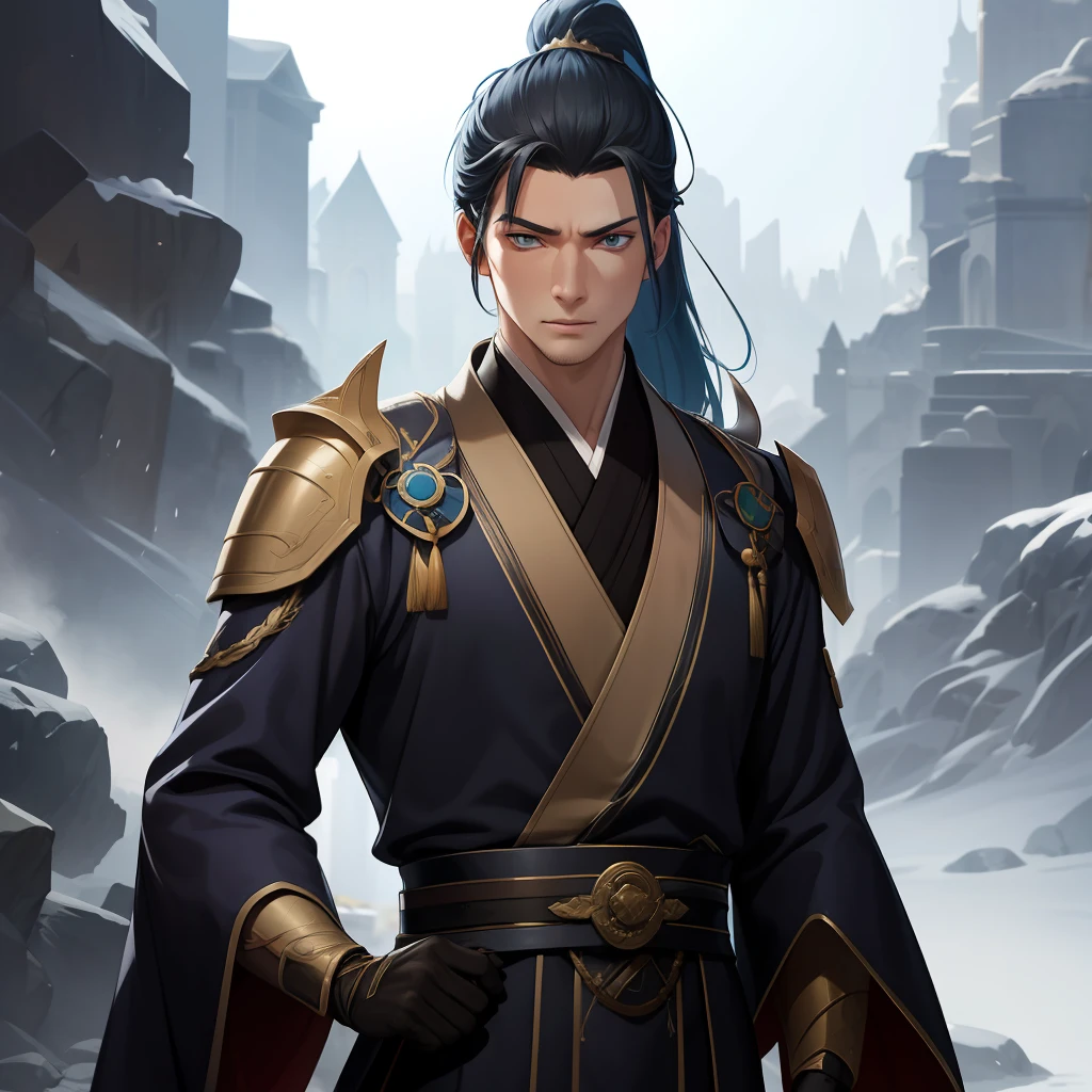 quadratic element,style of anime,mtu(Male Warrior),The proportions are correct,Face details,swordsmen,High ponytail hairstyle,Neck details,There is an Adam's apple,Blue suit,kaftan,long blue robes,clothes details,Handing over,longer sleeves,Game quality,Swordsmanship,Light and shadow tracking,Ray traching,detailed glow,cg render,hair detail,Blue long hair,blue colored eyes,Handsome,Handsome,(juvenile sense),Clothing is complicated,Perfectcomposition,Refinement,high qulity,higher details,Lots of details,The background is complex,a sense of atmosphere,