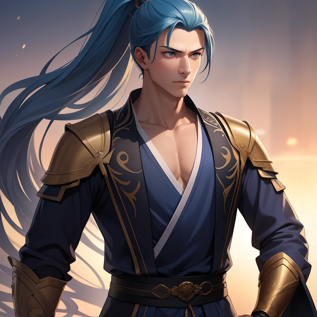 quadratic element,style of anime,mtu(Male Warrior),The proportions are correct,Face details,swordsmen,High ponytail hairstyle,Neck details,There is an Adam's apple,Blue suit,kaftan,long blue robes,clothes details,Handing over,longer sleeves,Game quality,Swordsmanship,Light and shadow tracking,Ray traching,detailed glow,cg render,hair detail,Blue long hair,blue colored eyes,Handsome,Handsome,(juvenile sense),Clothing is complicated,Perfectcomposition,Refinement,high qulity,higher details,Lots of details,The background is complex,a sense of atmosphere,