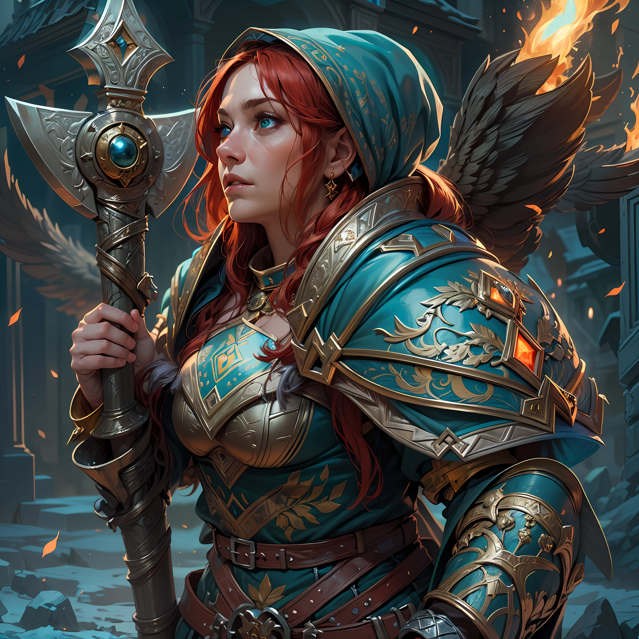 high details, best quality, 8k, [ultra detailed], masterpiece, best quality, (extremely detailed), dynamic angle, ultra wide shot, photorealistic, fantasy art, dnd art, rpg art, realistic art, an ultra wide picture of female dwarf cleric, holding axe with flames on it, casting a spell, wearing heavy armor, white armor (1.5 intricate details, Masterpiece, best quality), blue cloak (1.5 intricate details, Masterpiece, best quality), holy symbol, blue light from symbol, red hair, intense eyes, green eyes, D&D female dwarf (1.5 intricate details, Masterpiece, best quality) fantasy temple background, celestial background, ((divine worship atmosphere)), high details, best quality, highres, ultra wide angle