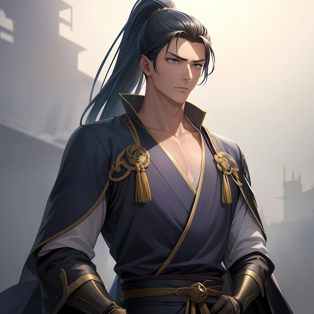 quadratic element,style of anime,mtu(Male Warrior),The proportions are correct,Face details,swordsmen,High ponytail hairstyle,Neck details,There is an Adam's apple,Blue suit,kaftan,long blue robes,clothes details,Handing over,longer sleeves,Game quality,Swordsmanship,Light and shadow tracking,Ray traching,detailed glow,cg render,hair detail,Blue long hair,blue colored eyes,Handsome,Handsome,(juvenile sense),Clothing is complicated,Perfectcomposition,Refinement,high qulity,higher details,Lots of details,The background is complex,a sense of atmosphere,