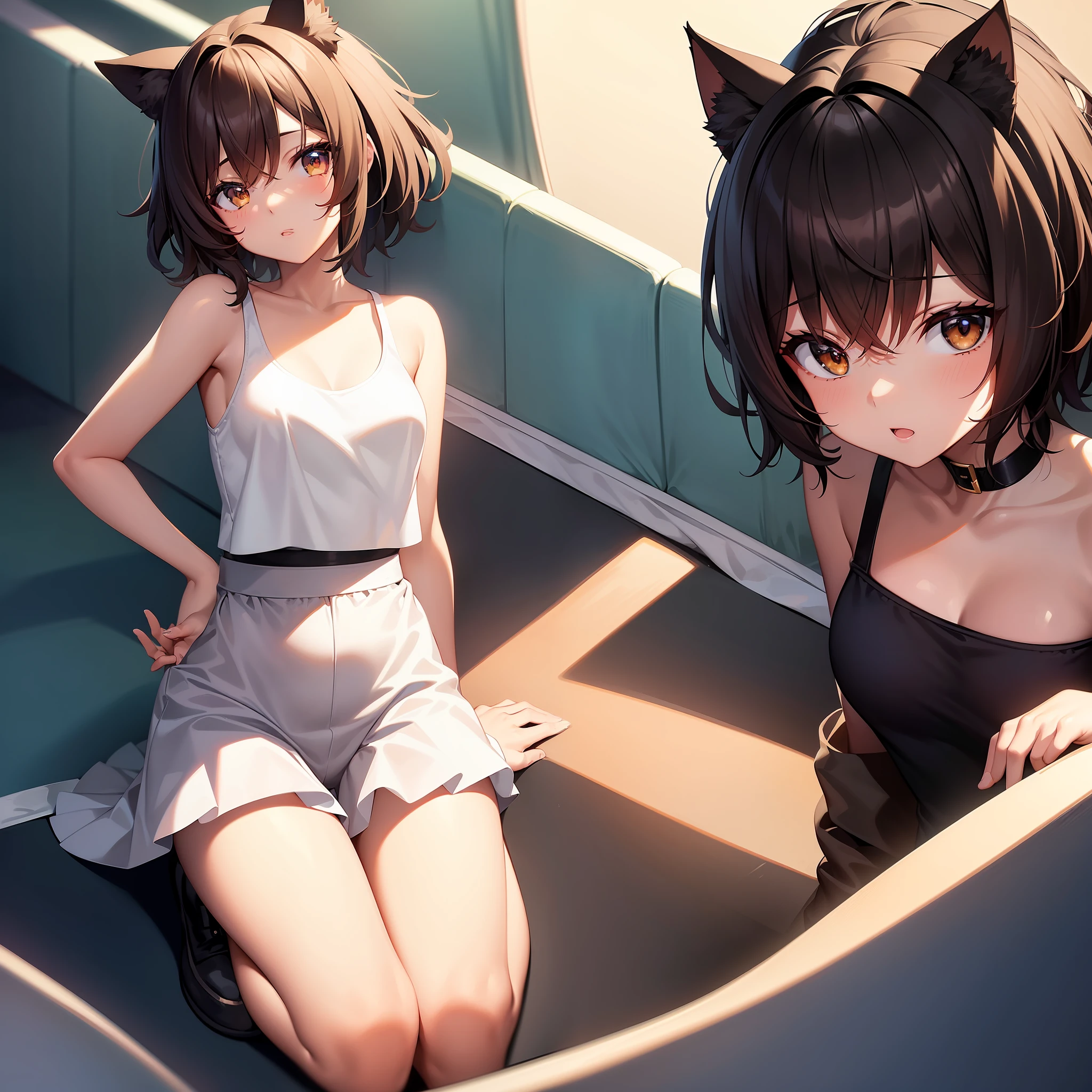 (Best quality),(Detailed), (1girll),Kizi,There are cat ears on the top of the head,short detailed hair,brunette color hair,Medium breasts,Small camisole white vest,short white pants,Bare legged