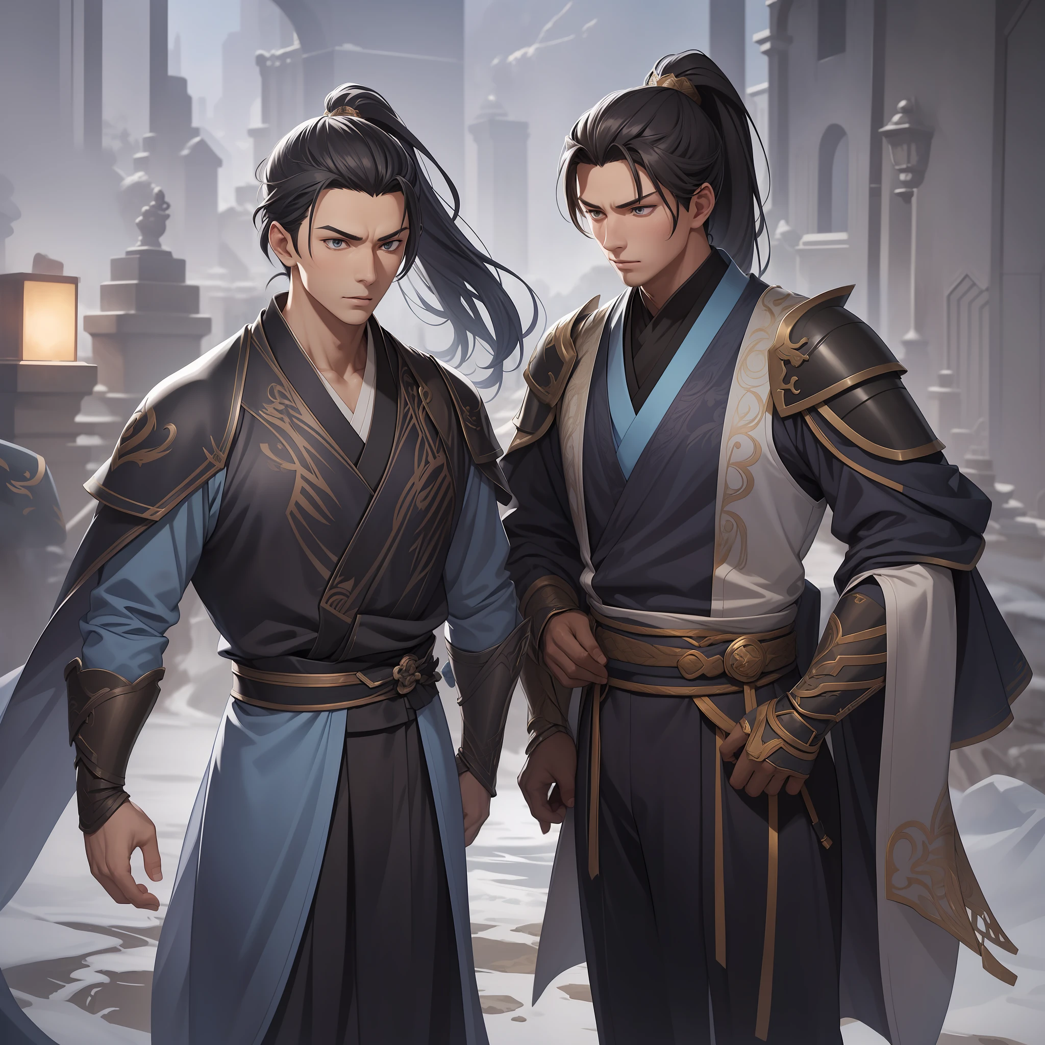 quadratic element,style of anime,mtu(Male Warrior),The proportions are correct,Face details,swordsmen,High ponytail hairstyle,Neck details,There is an Adam's apple,Blue suit,kaftan,long blue robes,clothes details,Handing over,longer sleeves,Game quality,Swordsmanship,Light and shadow tracking,Ray traching,detailed glow,cg render,hair detail,Blue long hair,blue colored eyes,Handsome,Handsome,(juvenile sense),Clothing is complicated,Perfectcomposition,Refinement,high qulity,higher details,Lots of details,The background is complex,a sense of atmosphere,
